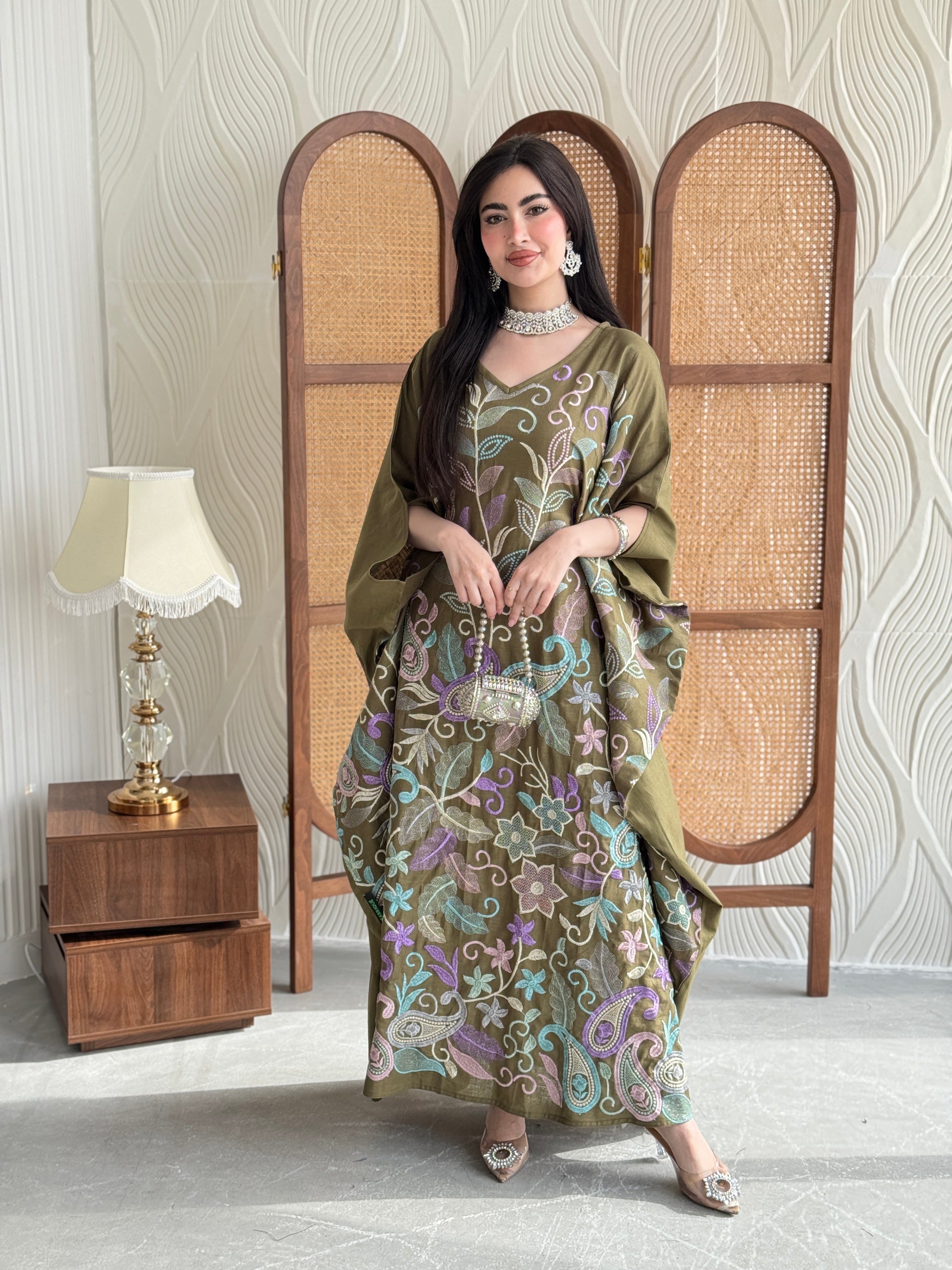 FAB264-Khaki Olive Linen free-size jalabiya with elegant multicolor embroidery