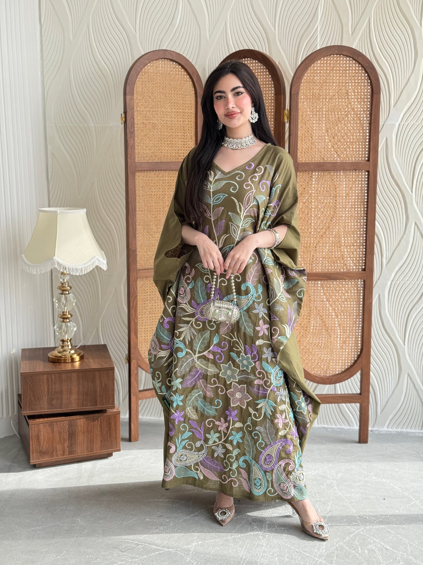 FAB264-Khaki Olive Linen free-size jalabiya with elegant multicolor embroidery