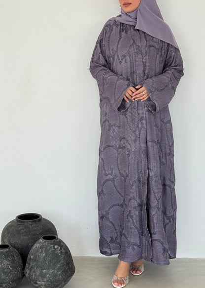 FAB219- Purple Ribbon Embroidery Linen Abaya with headscarf