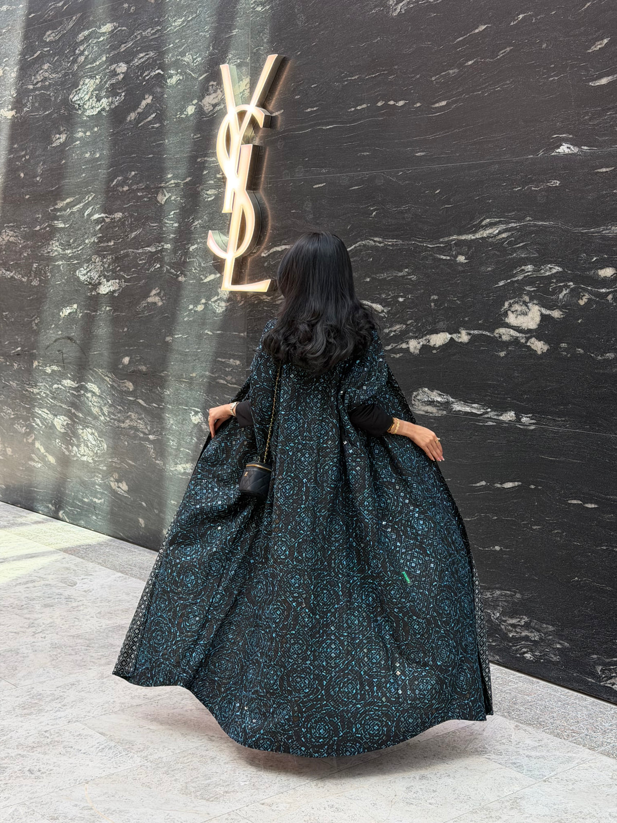 FAB341-Black Green Embroidery Half-Bisht Cut Abaya with Fitted Black Stretch Sleeves and matching headscarf