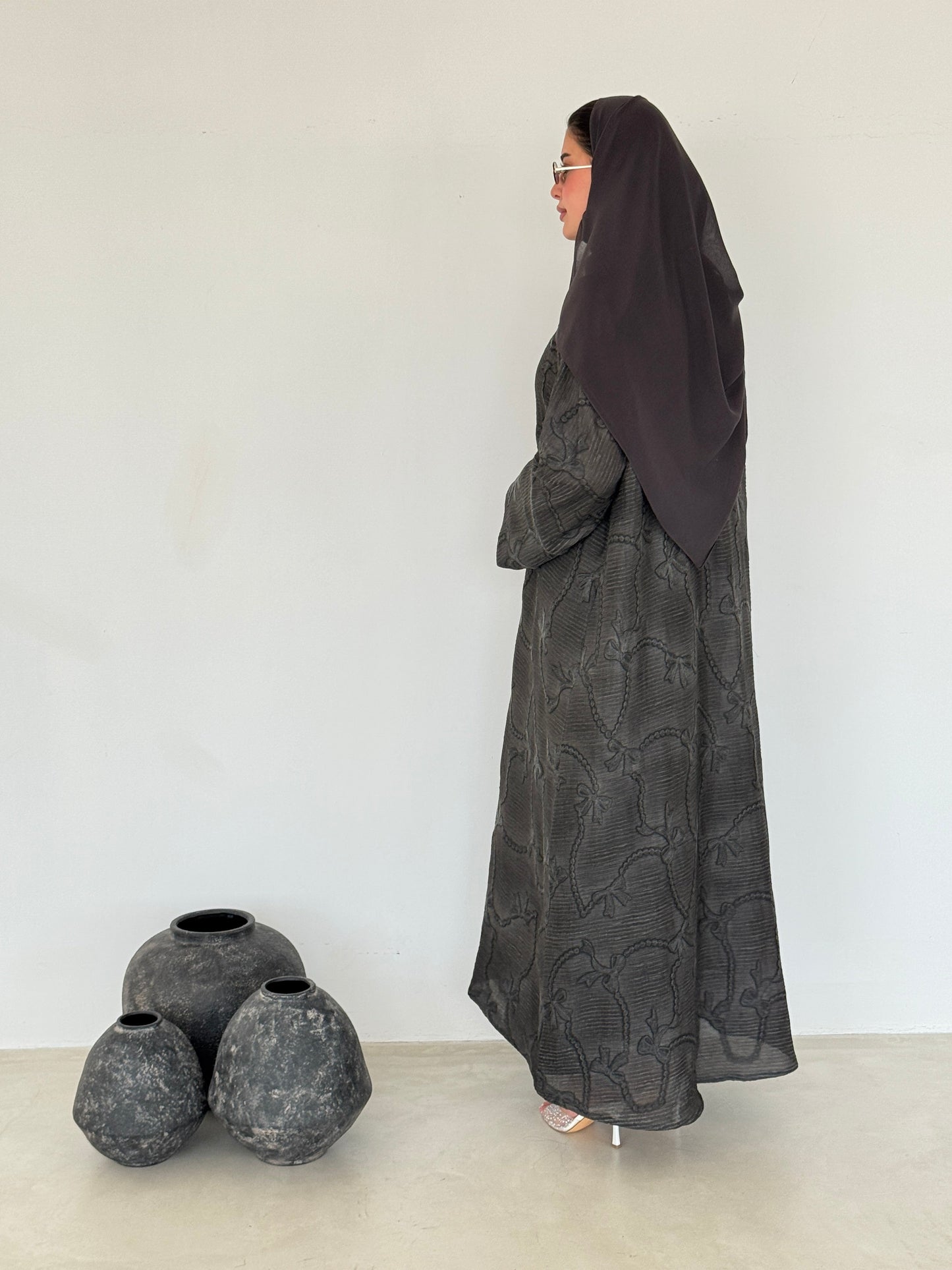 FAB220-Black Grey Ribbon Embroidery Linen Abaya with headscarf