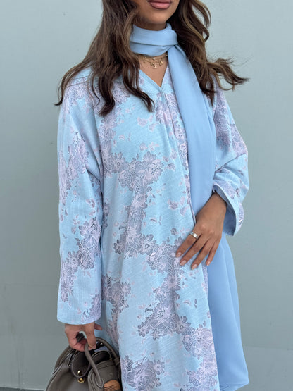FAB299- Pink and Blue Lace and Linen Summer A-Cut Abaya