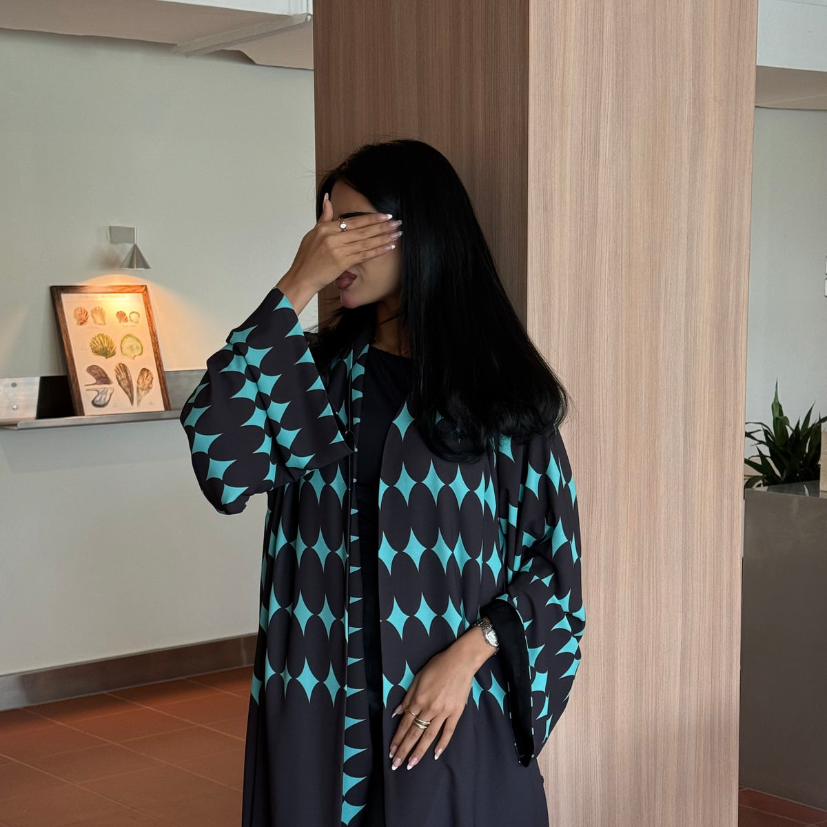 FAB333-Turquoise & Black Diamond Print Straight-Cut Abaya with Matching Headscarf