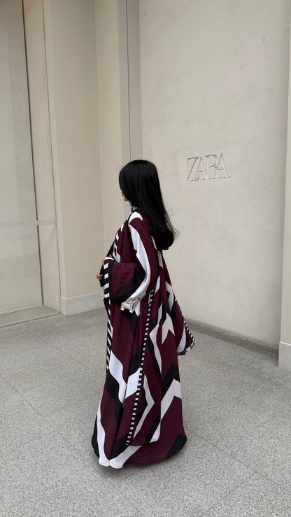 FAB302-Maroon & Black Printed Chiffon Silk A-Cut Abaya Set