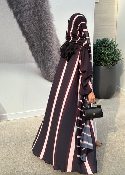 FAB304- Black/Maroon Striped Print Chiffon Silk A-Cut Abaya Set