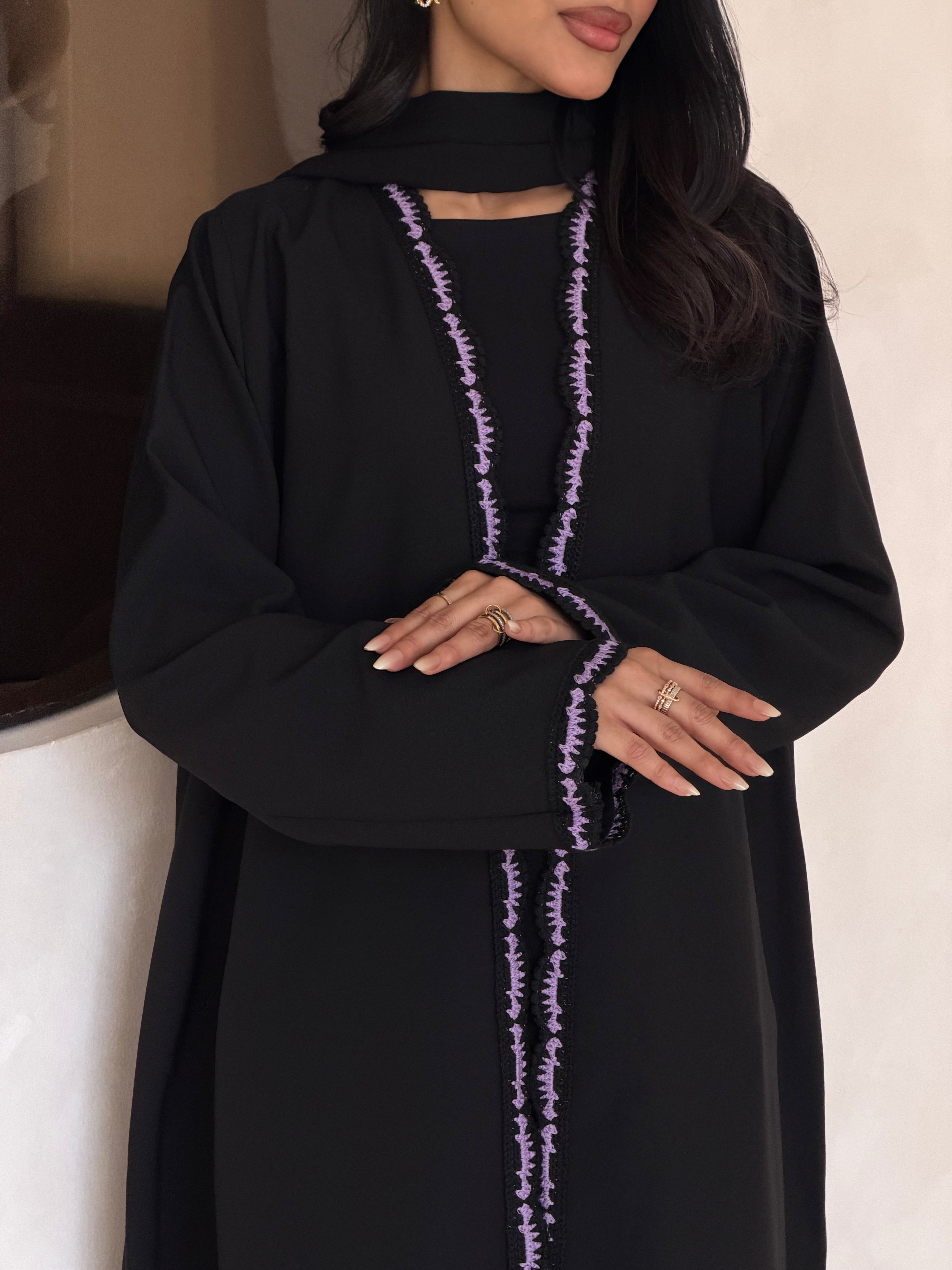 FAB348- Purple Crochet Black Crepe Klosh-Cut Abaya with Headscarf