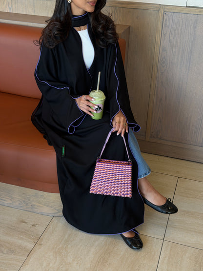 FAB319- Black crepe swirl-cut abaya with purple piping abaya and headscarf