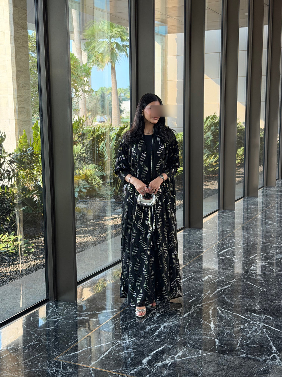 FAB339 – Elegant Black Chiffon Abaya with Silver Naqda Embroidery, Half-Bisht Cut & Matching Headscarf