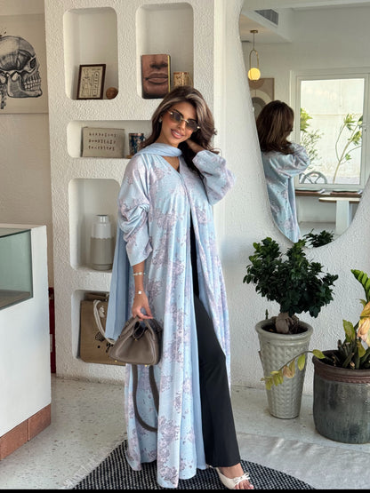 FAB299- Pink and Blue Lace and Linen Summer A-Cut Abaya