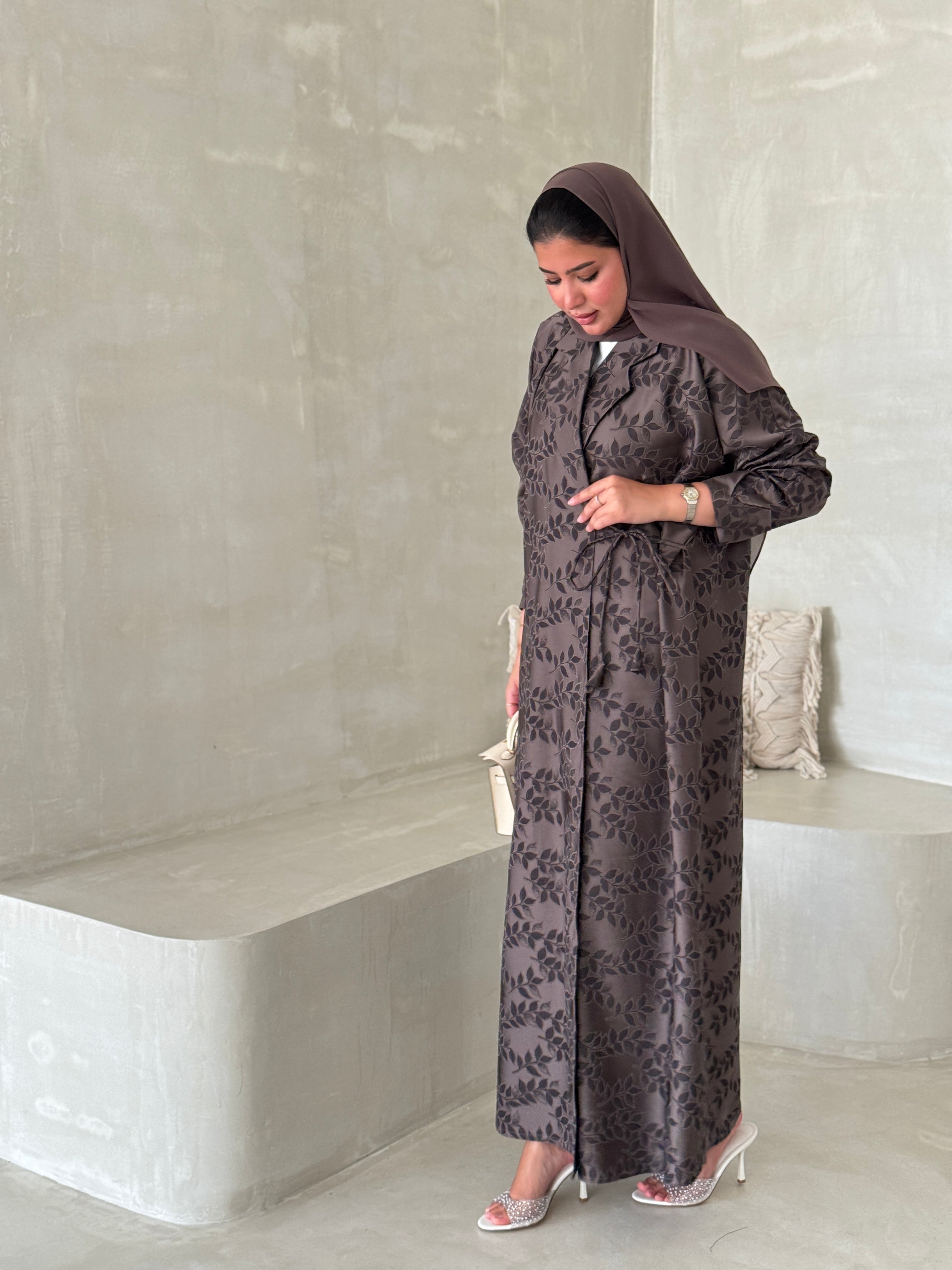 FAB197- Brown Collar Blazer Cut Abaya with headscarf