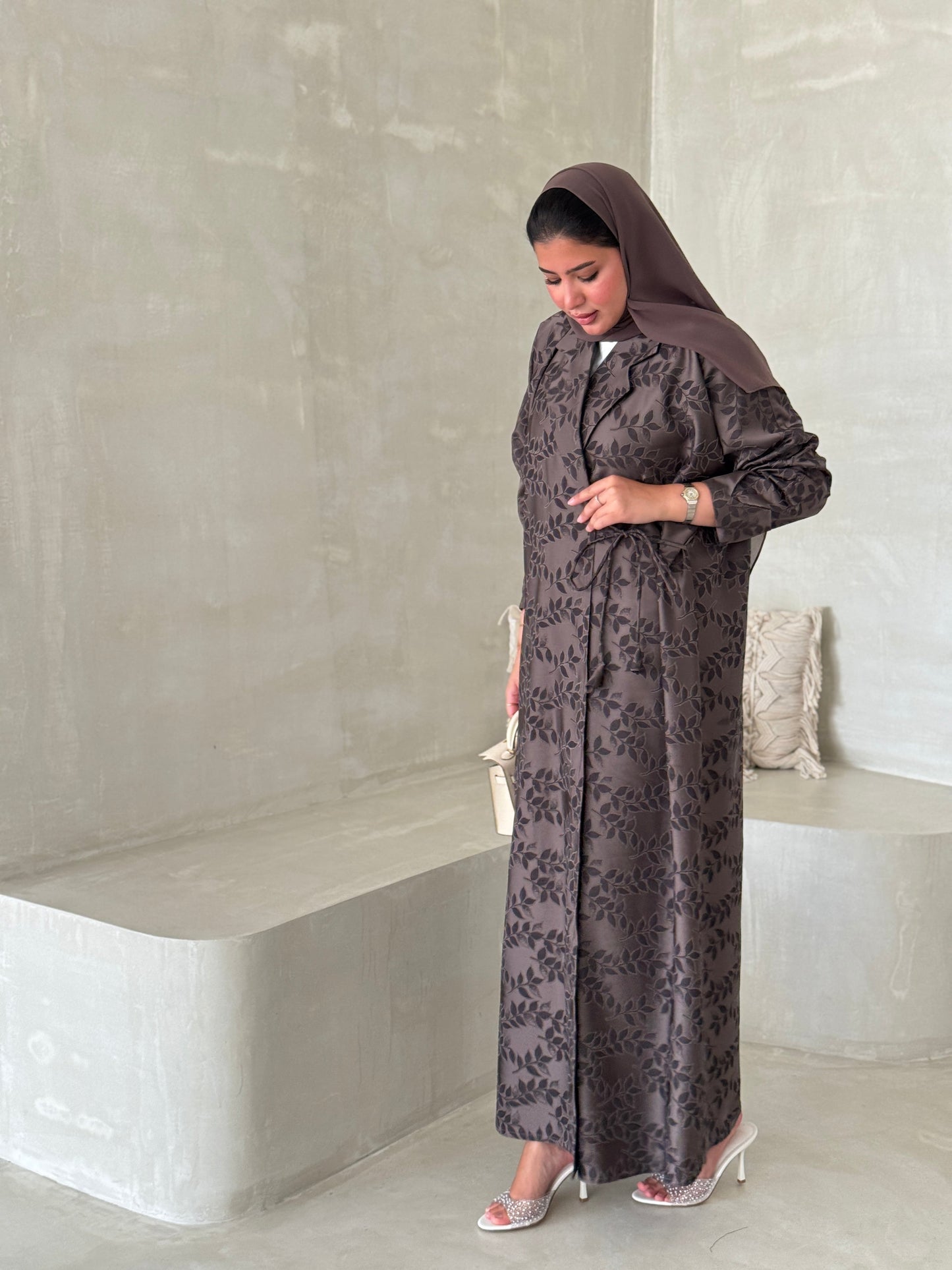 FAB197- Brown Collar Blazer Cut Abaya with headscarf