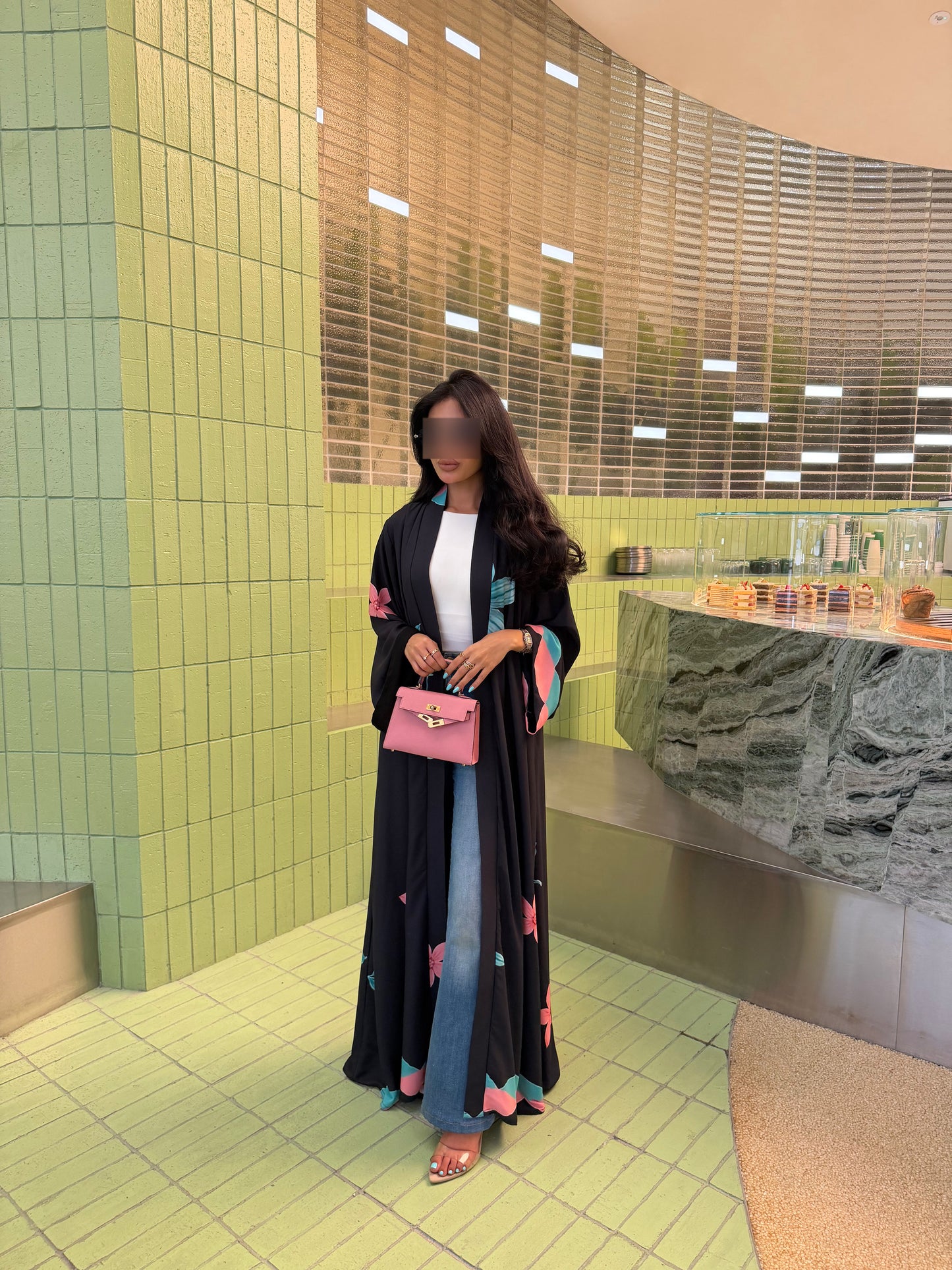 FAB324-Black Pink and Green Floral Print abaya and headscarf- Straight Cut