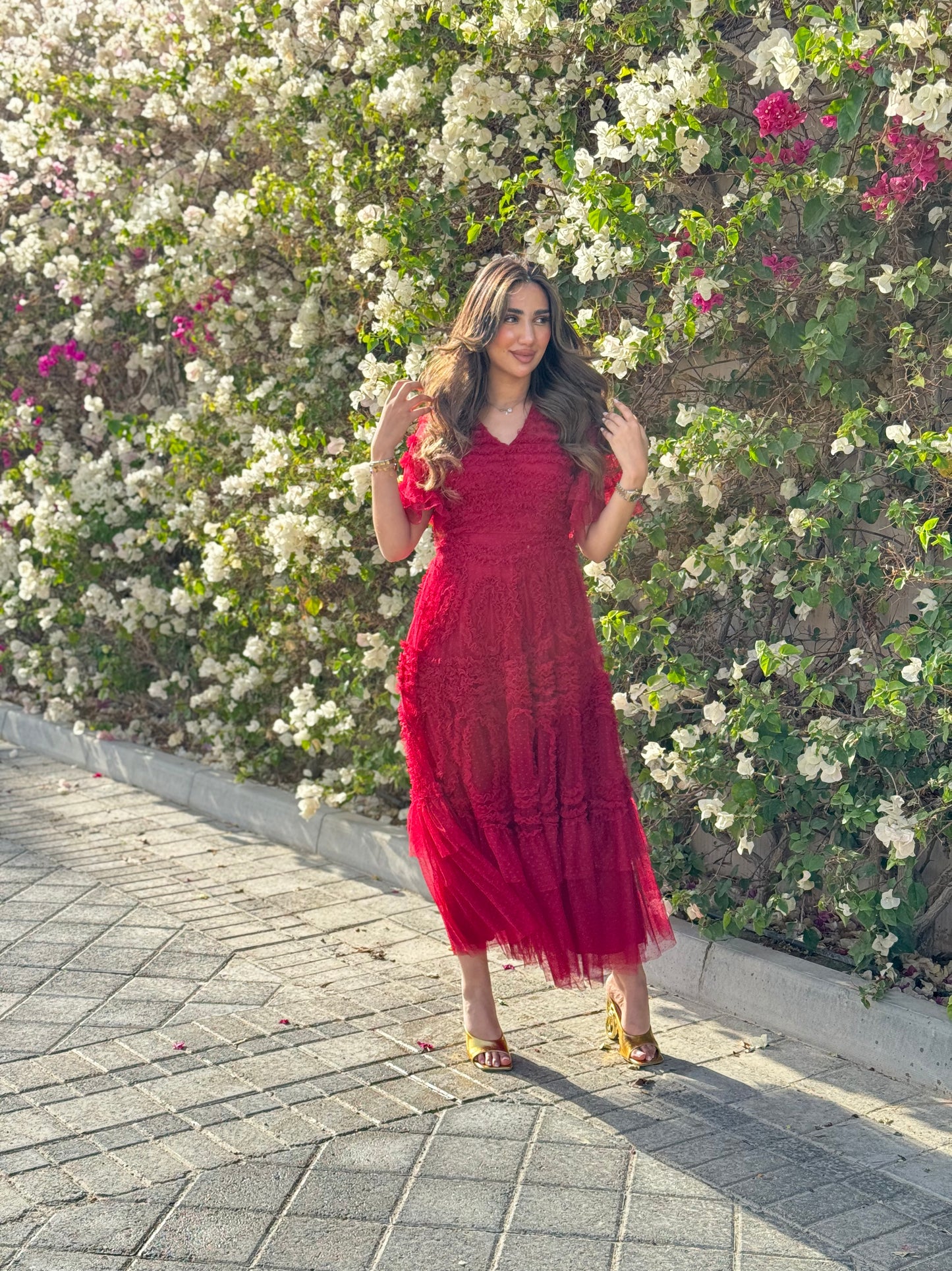 Maroon Tulle Short Sleeve Dress