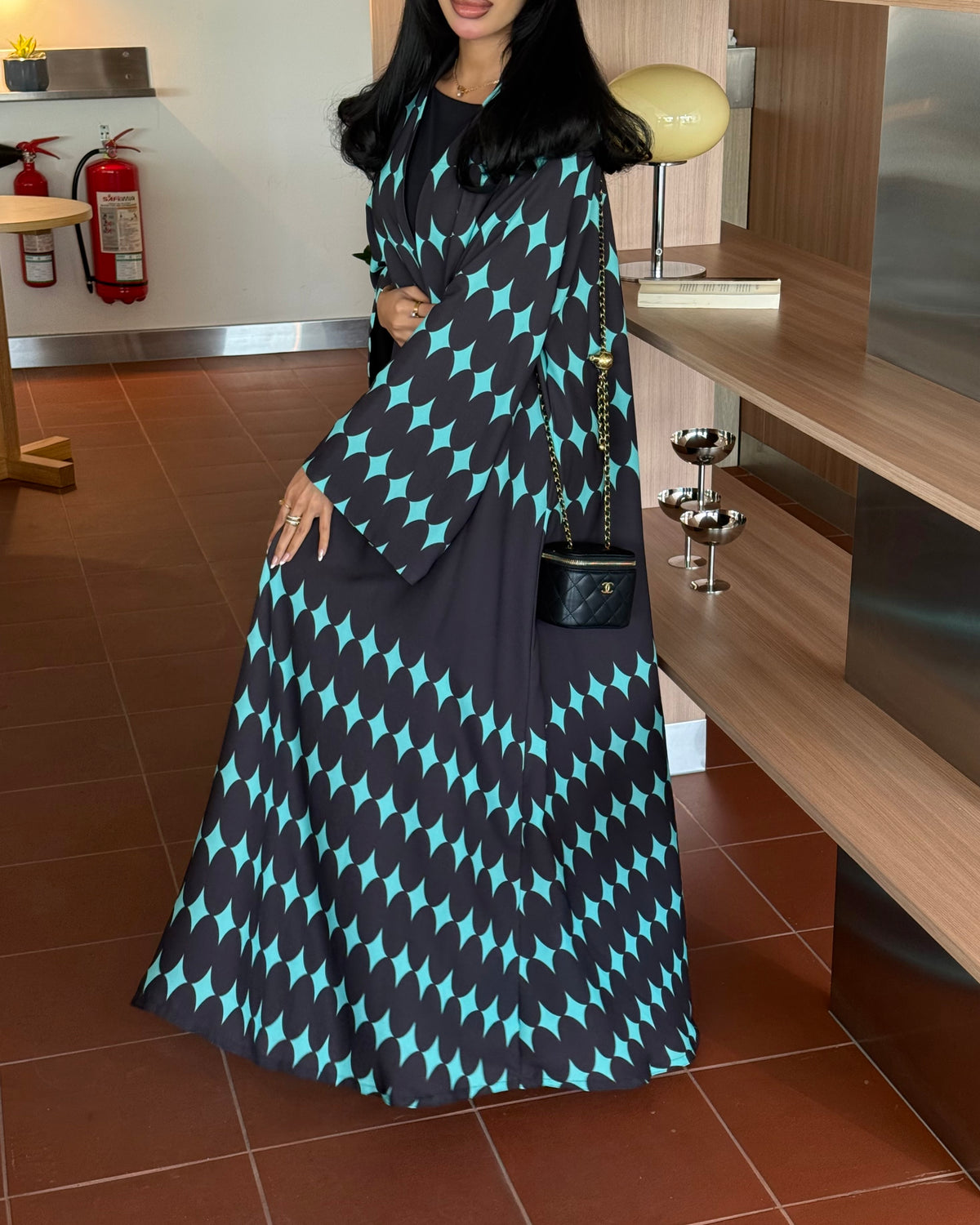 FAB333-Turquoise & Black Diamond Print Straight-Cut Abaya with Matching Headscarf
