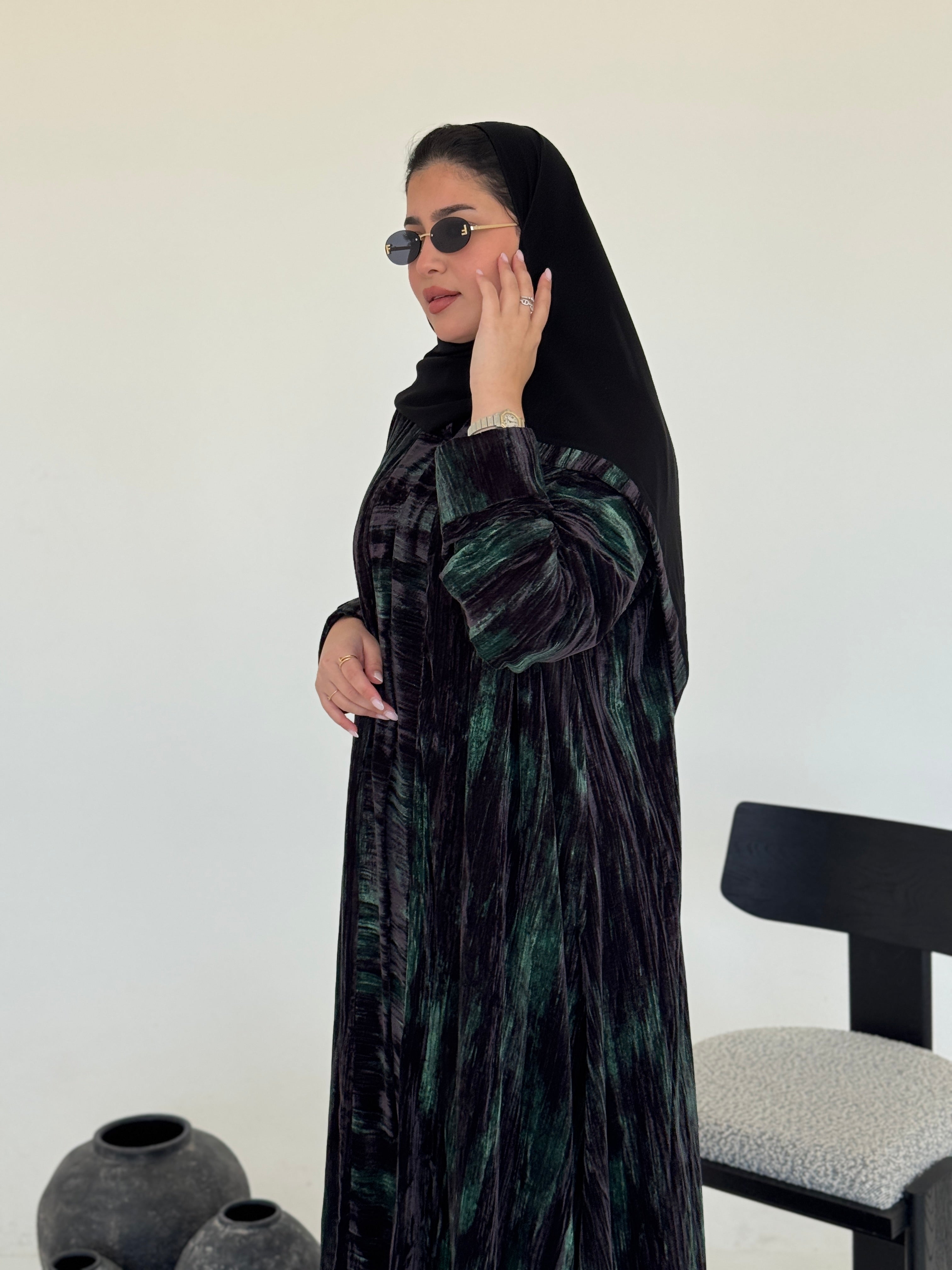 FAB236- Black & Green Marble Velvet A-Cut Abaya