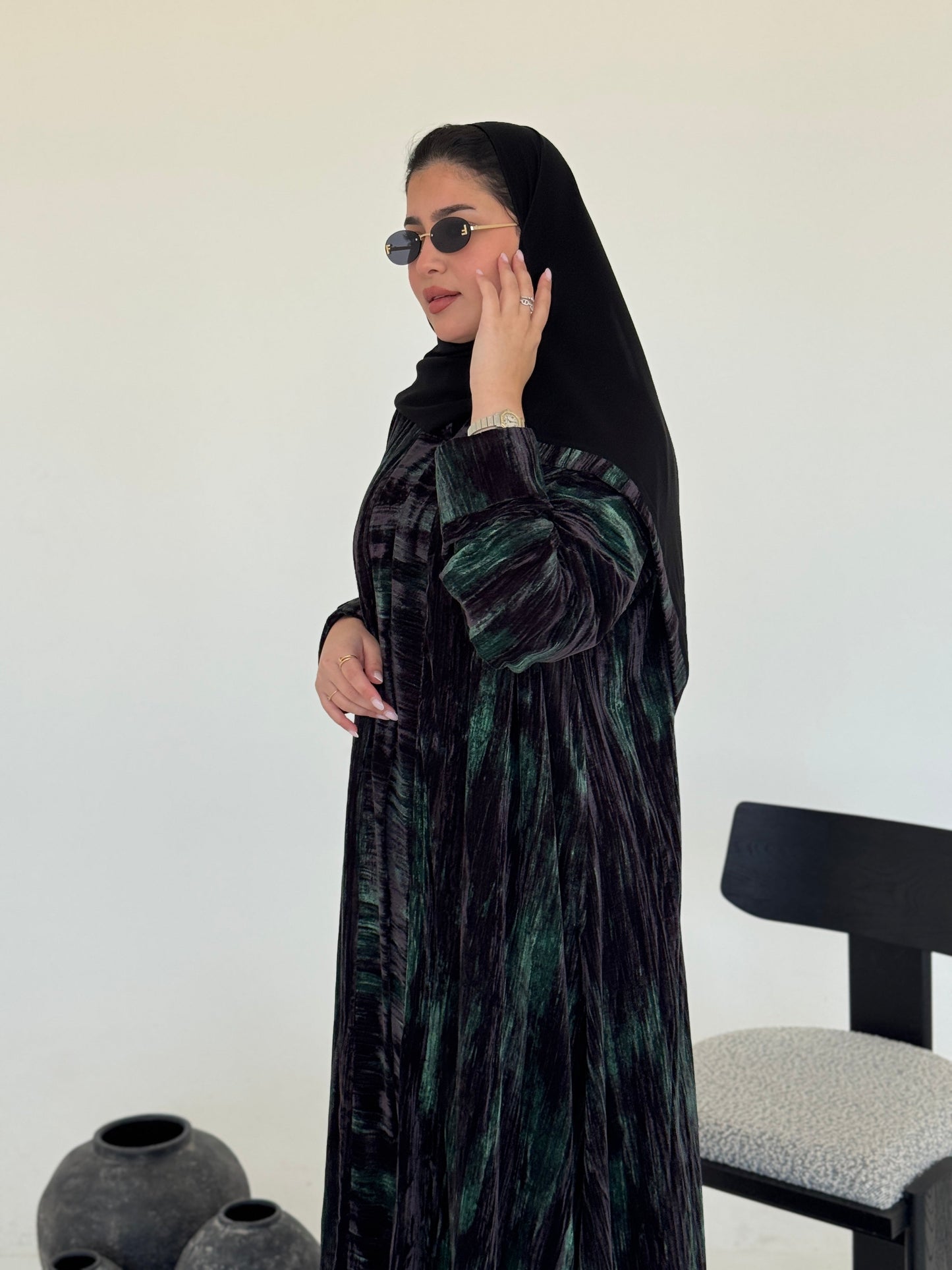 FAB236- Black & Green Marble Velvet A-Cut Abaya