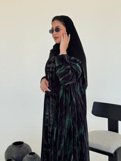 FAB236- Black & Green Marble Velvet A-Cut Abaya