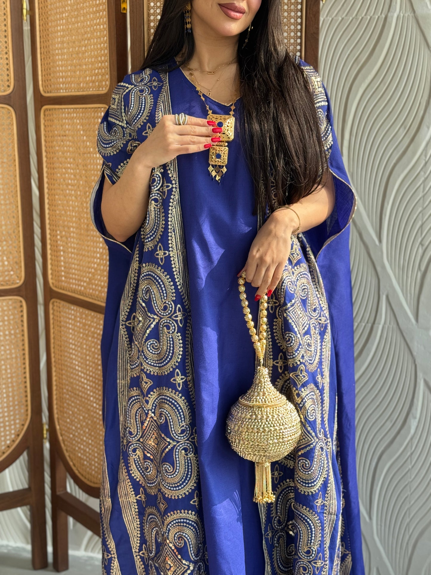FAB275-Blue Two-Piece Linen Bisht Set, Detailed with Elegant Gold Embroidery