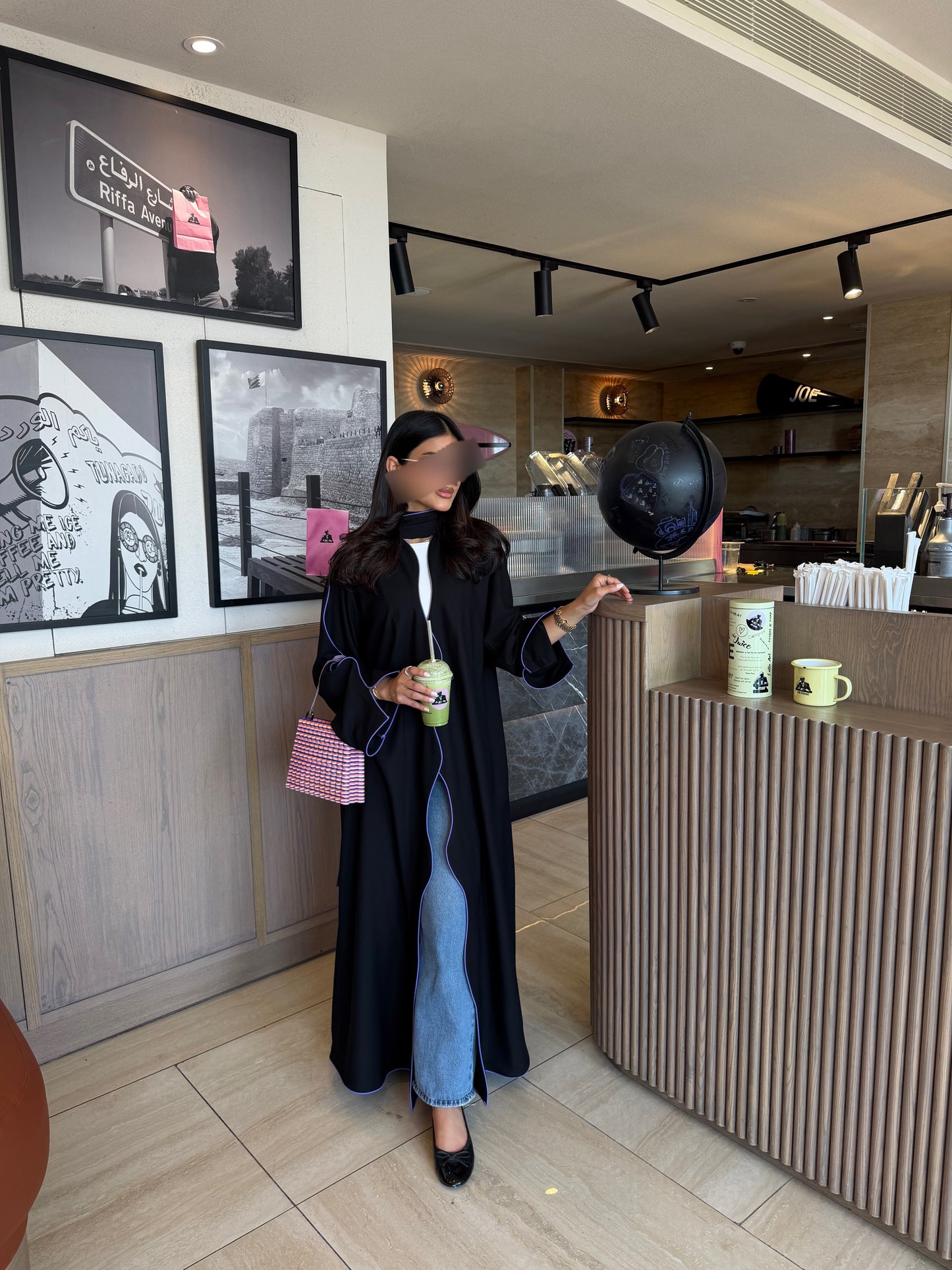 FAB319- Black crepe swirl-cut abaya with purple piping abaya and headscarf