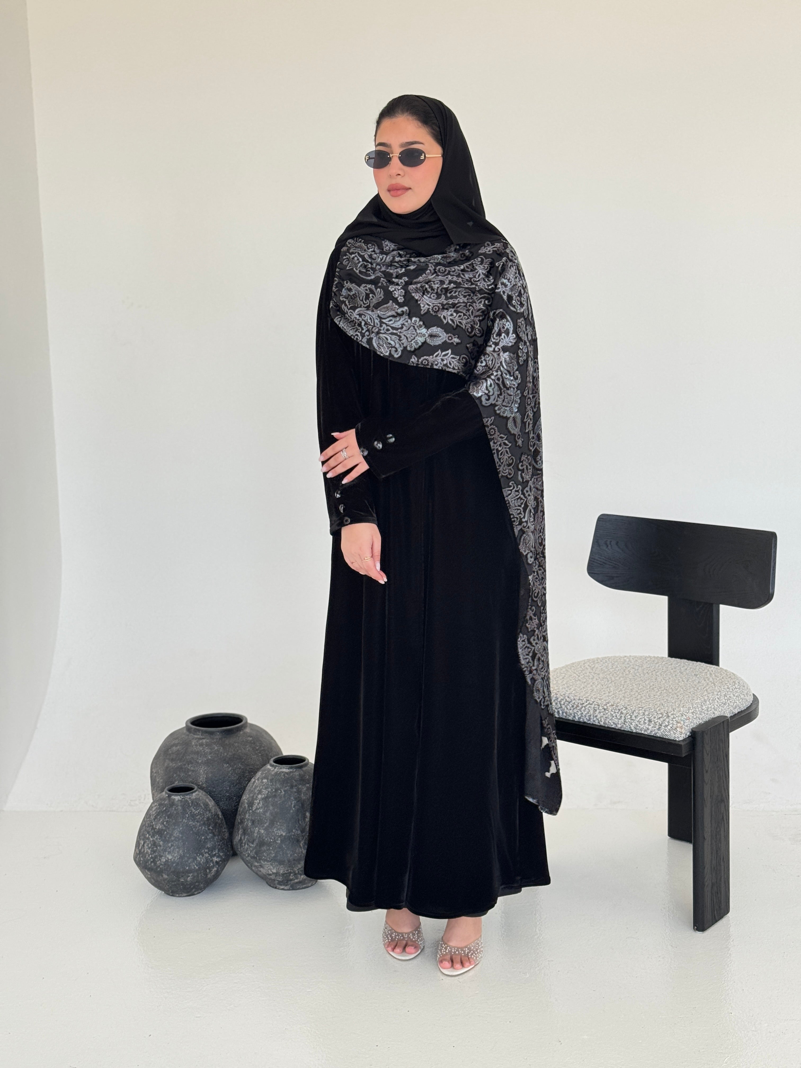 FAB230- Black Velvet Abaya with Grey Velvet Chiffon Shawl with matching headscarf