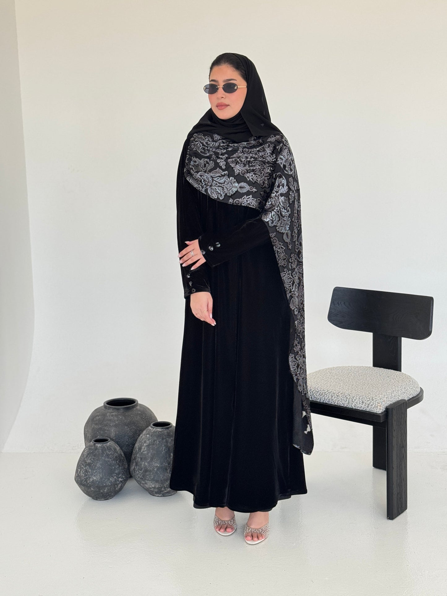 FAB230- Black Velvet Abaya with Grey Velvet Chiffon Shawl with matching headscarf