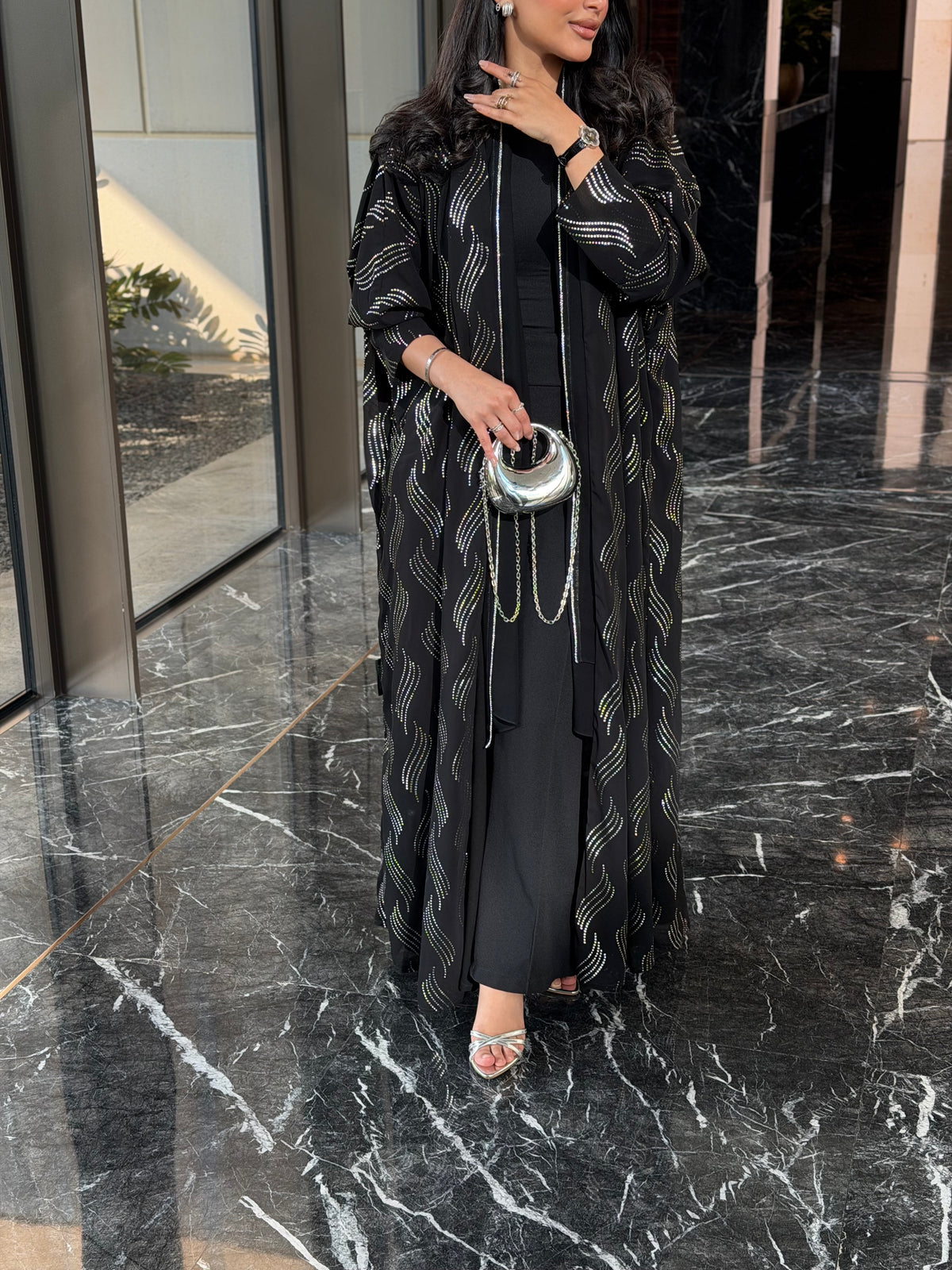 FAB339 – Elegant Black Chiffon Abaya with Silver Naqda Embroidery, Half-Bisht Cut & Matching Headscarf