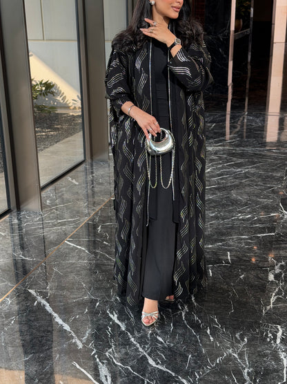 FAB339 – Elegant Black Chiffon Abaya with Silver Naqda Embroidery, Half-Bisht Cut & Matching Headscarf