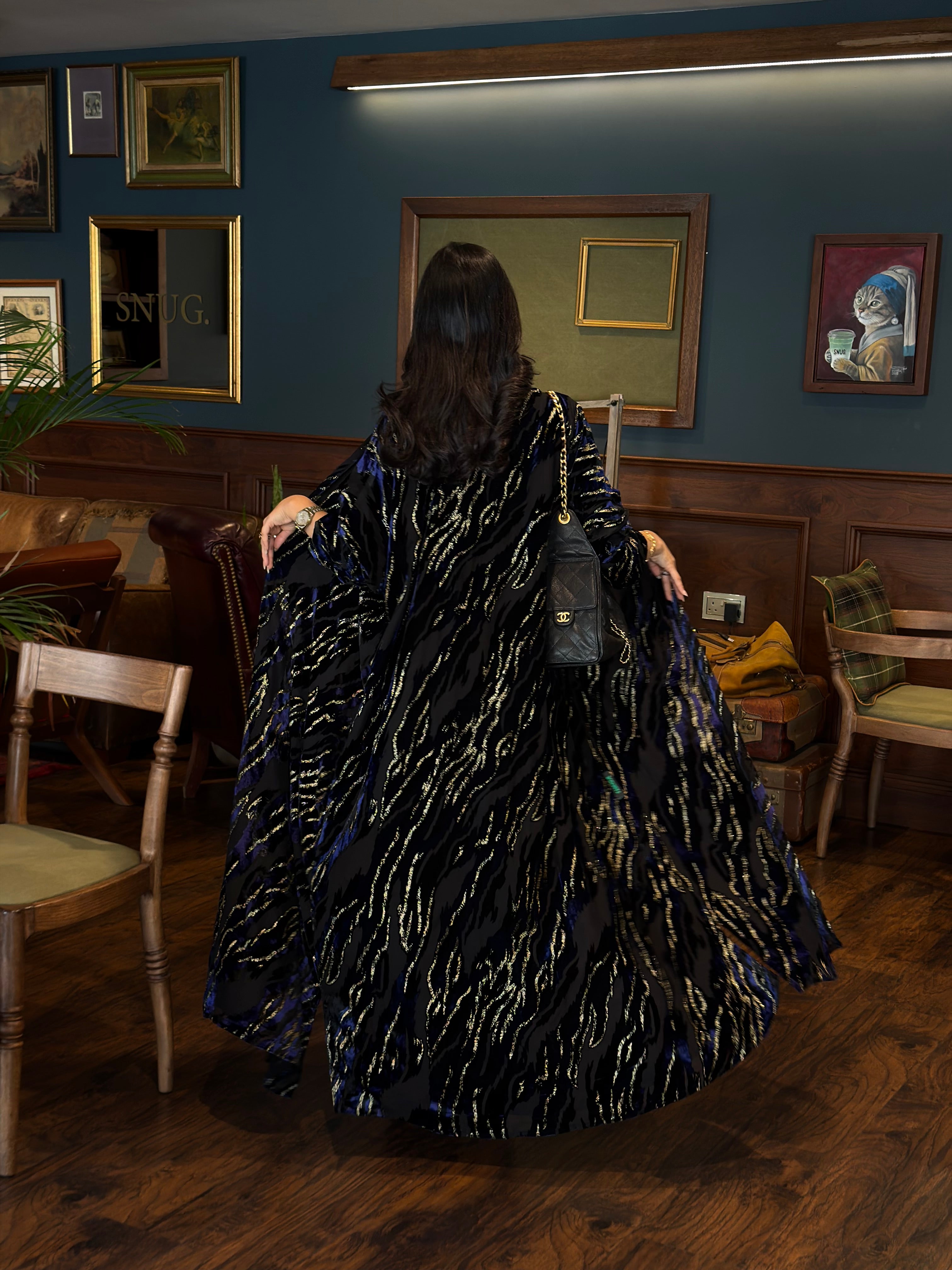 FAB352-Blue and Black Chiffon Half Bisht-Cut Abaya with Velvet Shimmer Print and Black Headscarf