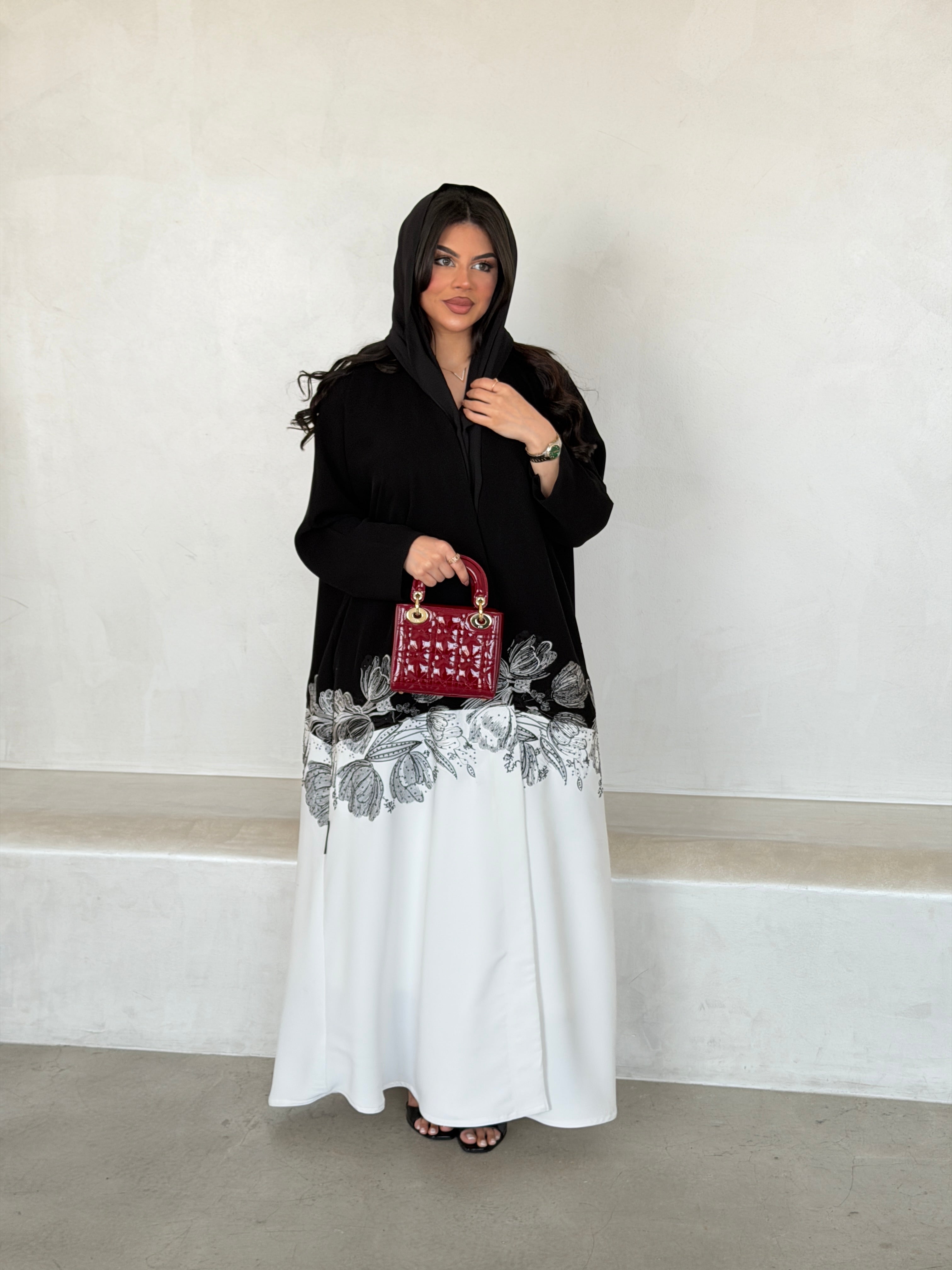 FAB292- Black & White Crepe Crystal Embroidered Abaya