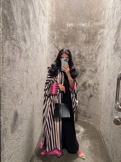FAB320-Fuchia Black & Light Beige Striped Half Bisht-Cut Abaya with Neon border print