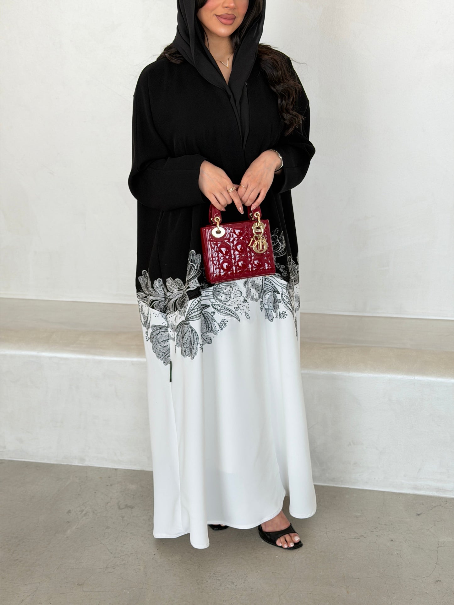 FAB292- Black & White Crepe Crystal Embroidered Abaya