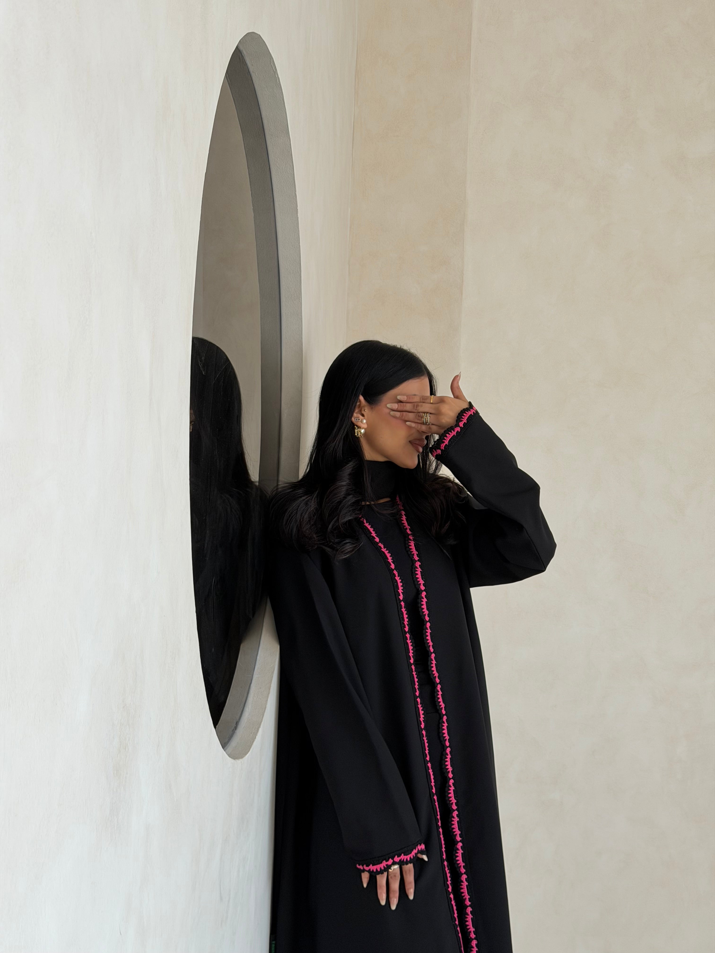 FAB346- Pink Crochet Black Crepe Klosh-Cut Abaya with Headscarf