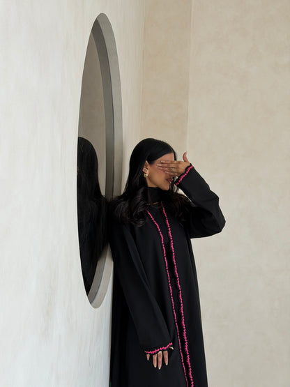 FAB346- Pink Crochet Black Crepe Klosh-Cut Abaya with Headscarf