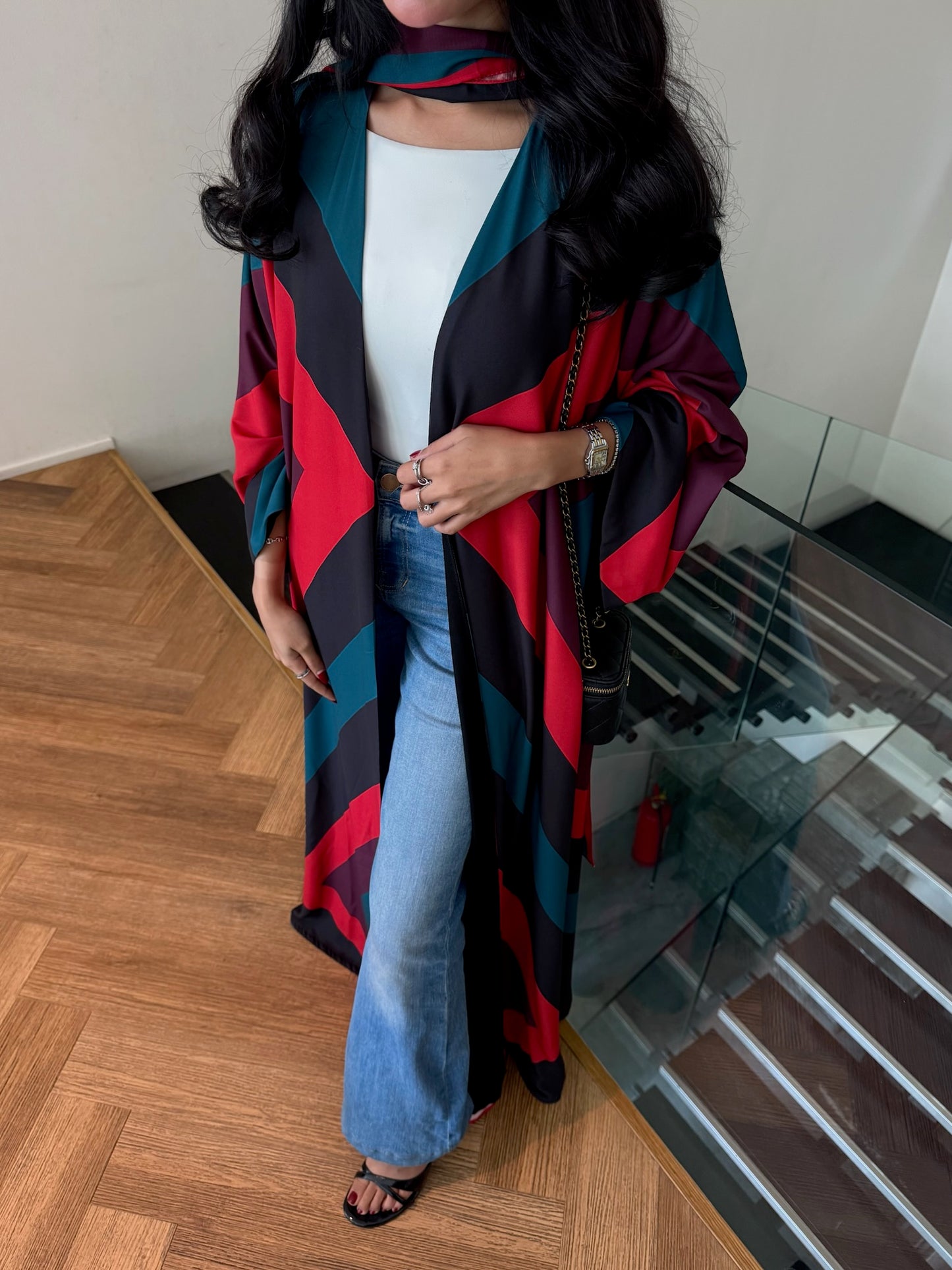 FAB327- Red blue printed rainbow straight-cut abaya with matching headscarf