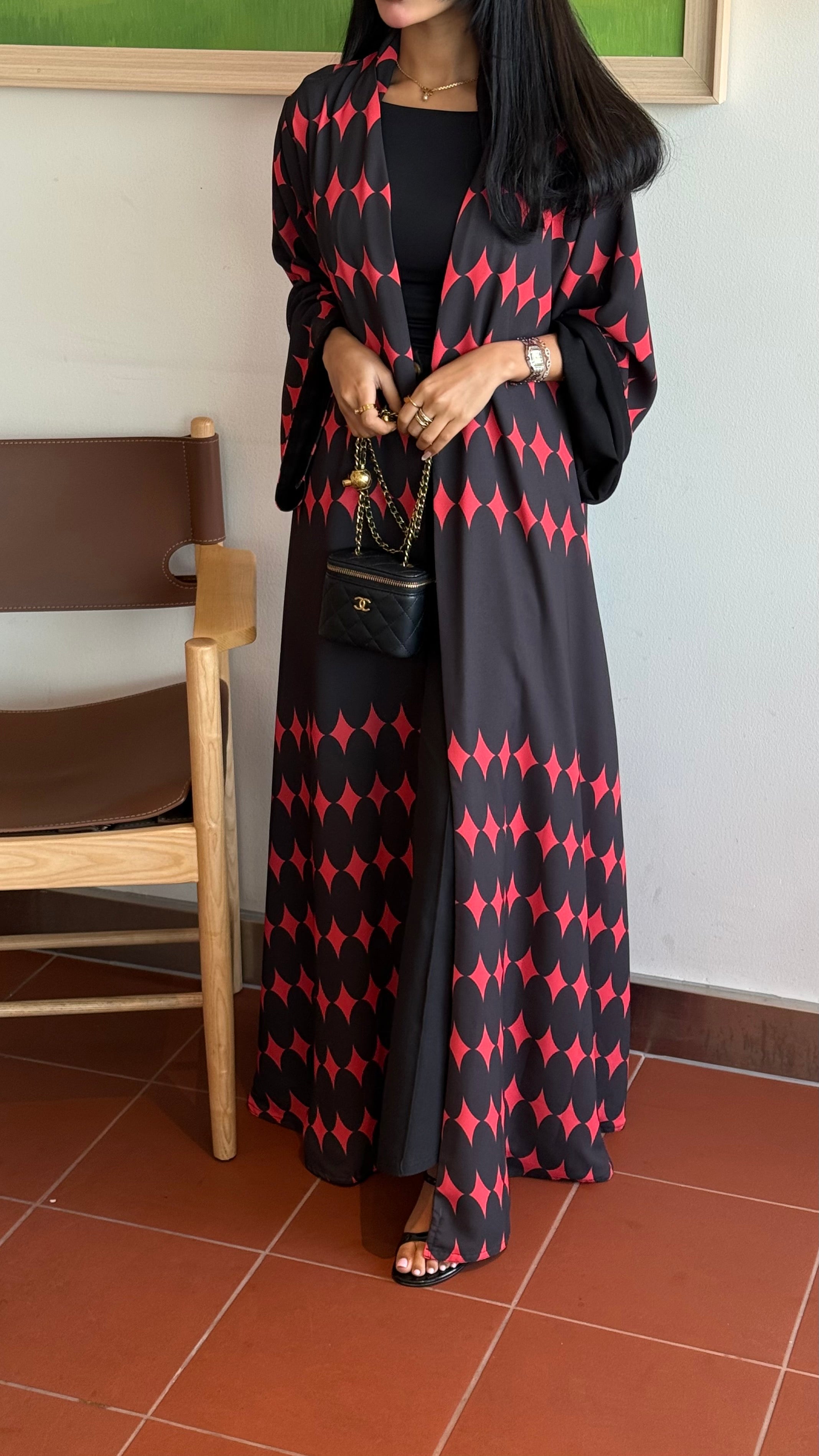 FAB335-Red & Black Diamond Print Straight-Cut Abaya with Matching Headscarf