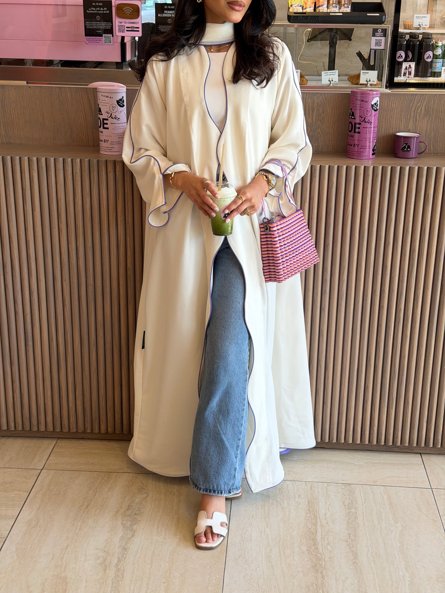 FAB317- White crepe swirl-cut abaya with purple piping abaya and headscarf
