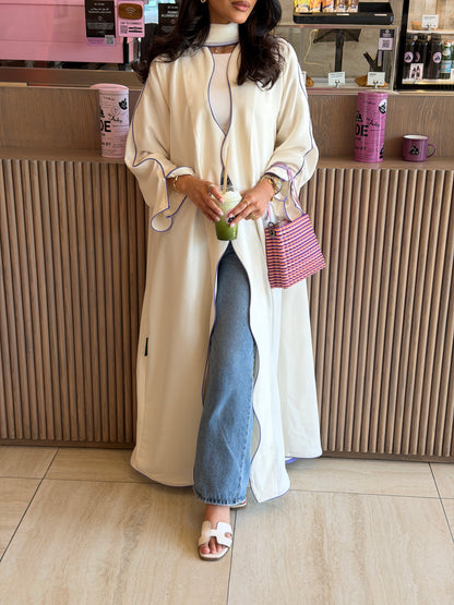 FAB317- White crepe swirl-cut abaya with purple piping abaya and headscarf