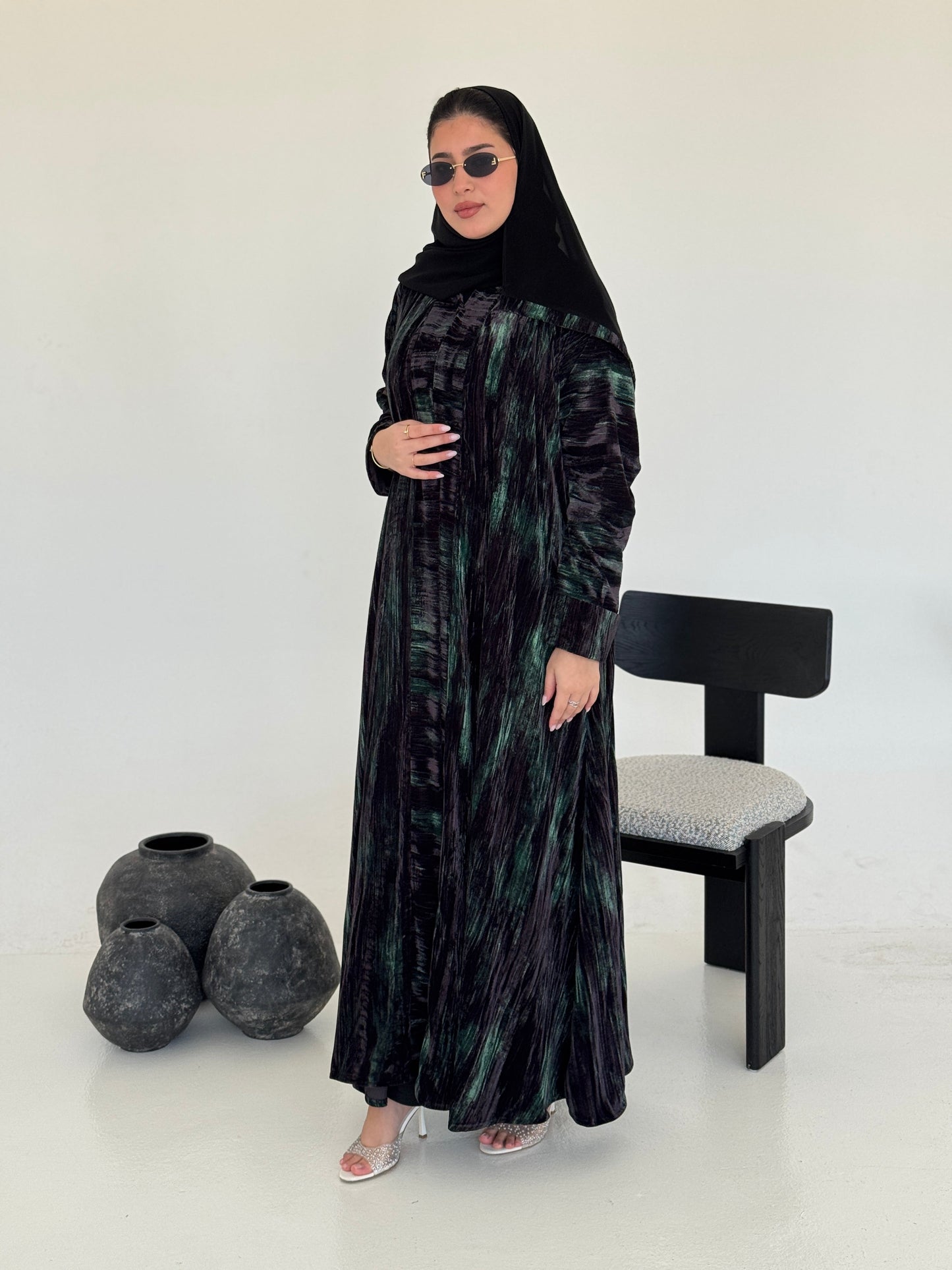 FAB236- Black & Green Marble Velvet A-Cut Abaya