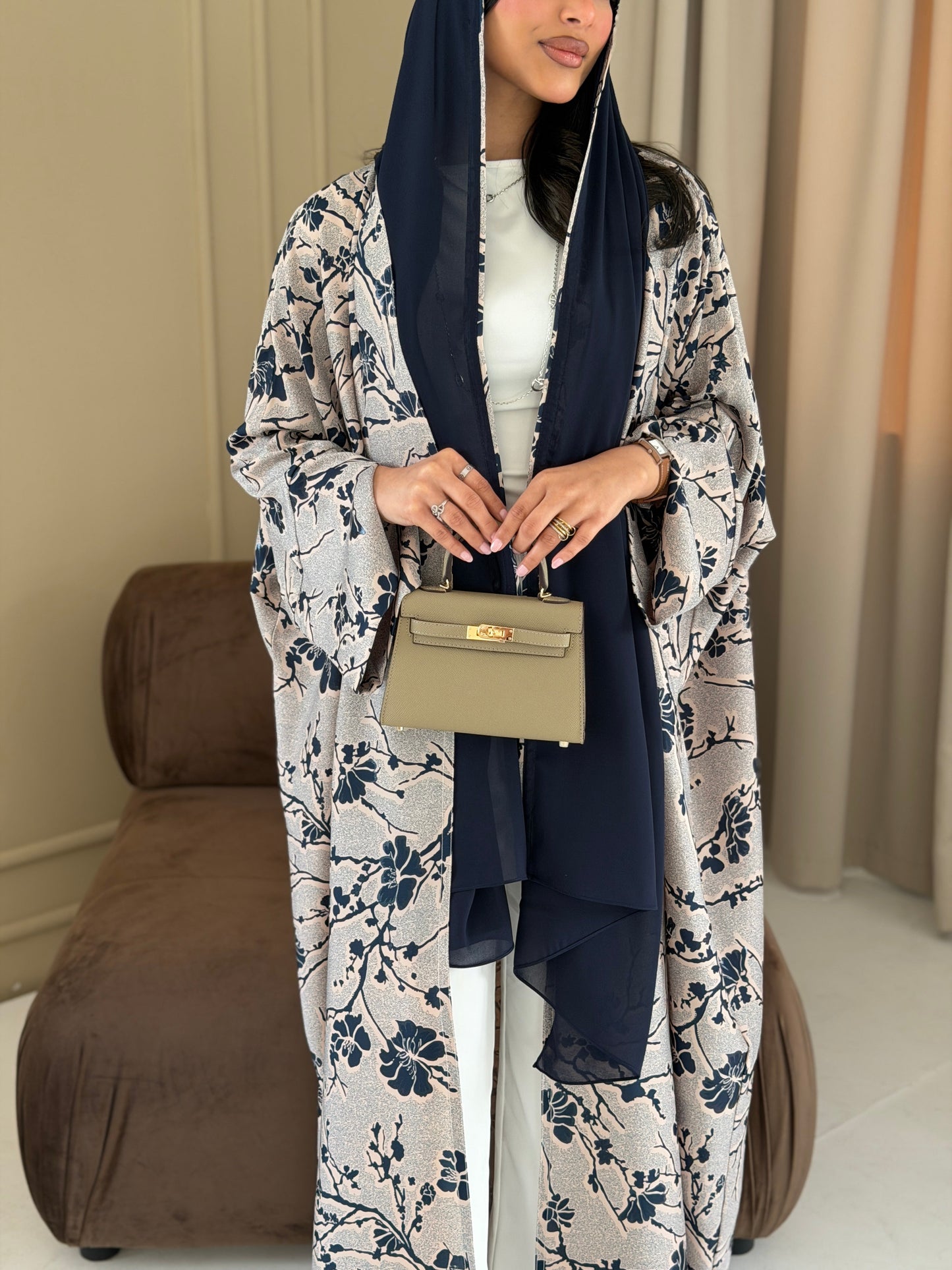 FAB285- Beige Floral Print Half Bisbt Abaya with pipping headscarf