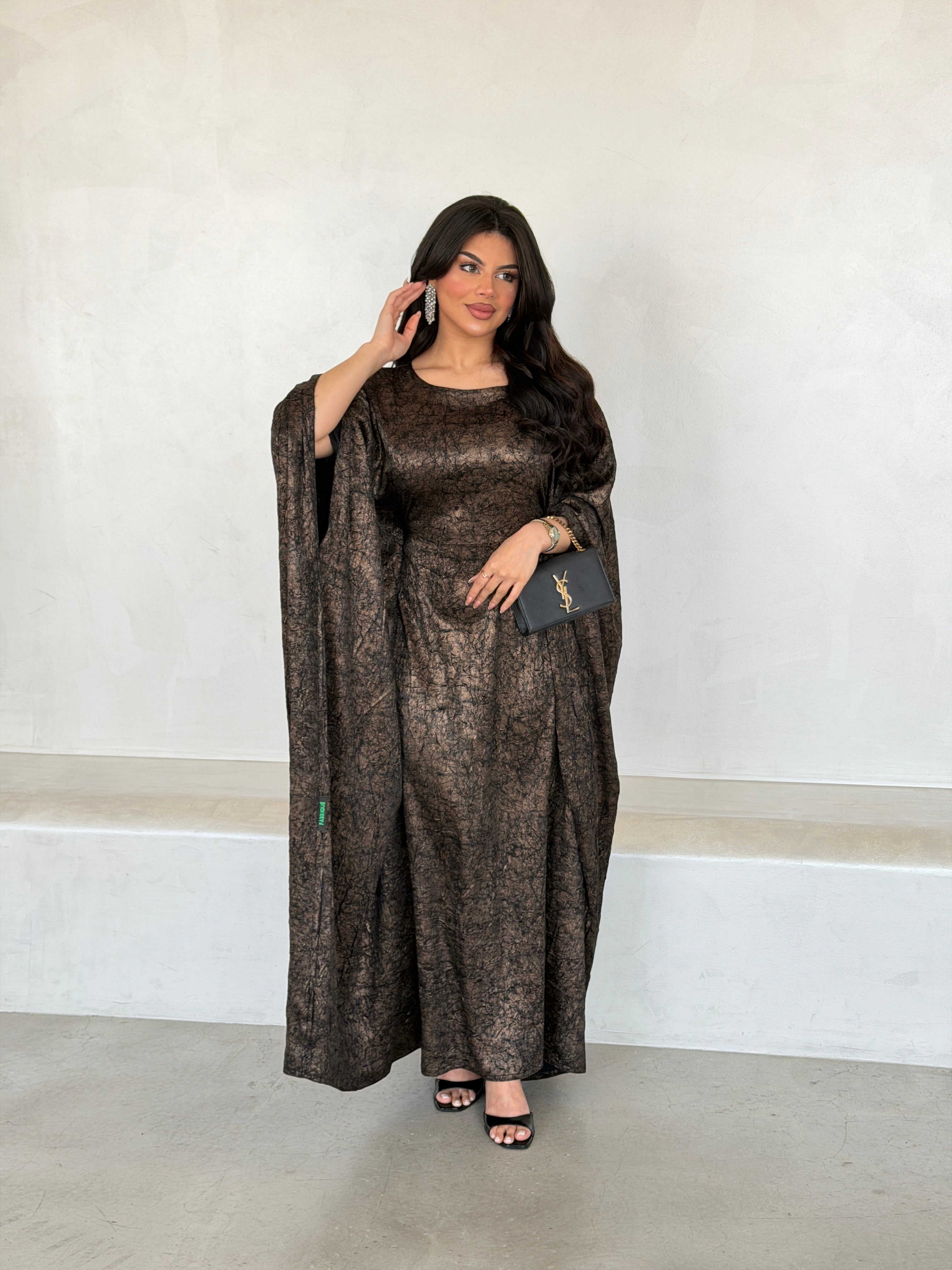 FAB289-Brown Metallic Cotton Stretch Free size Dress with inner belt
