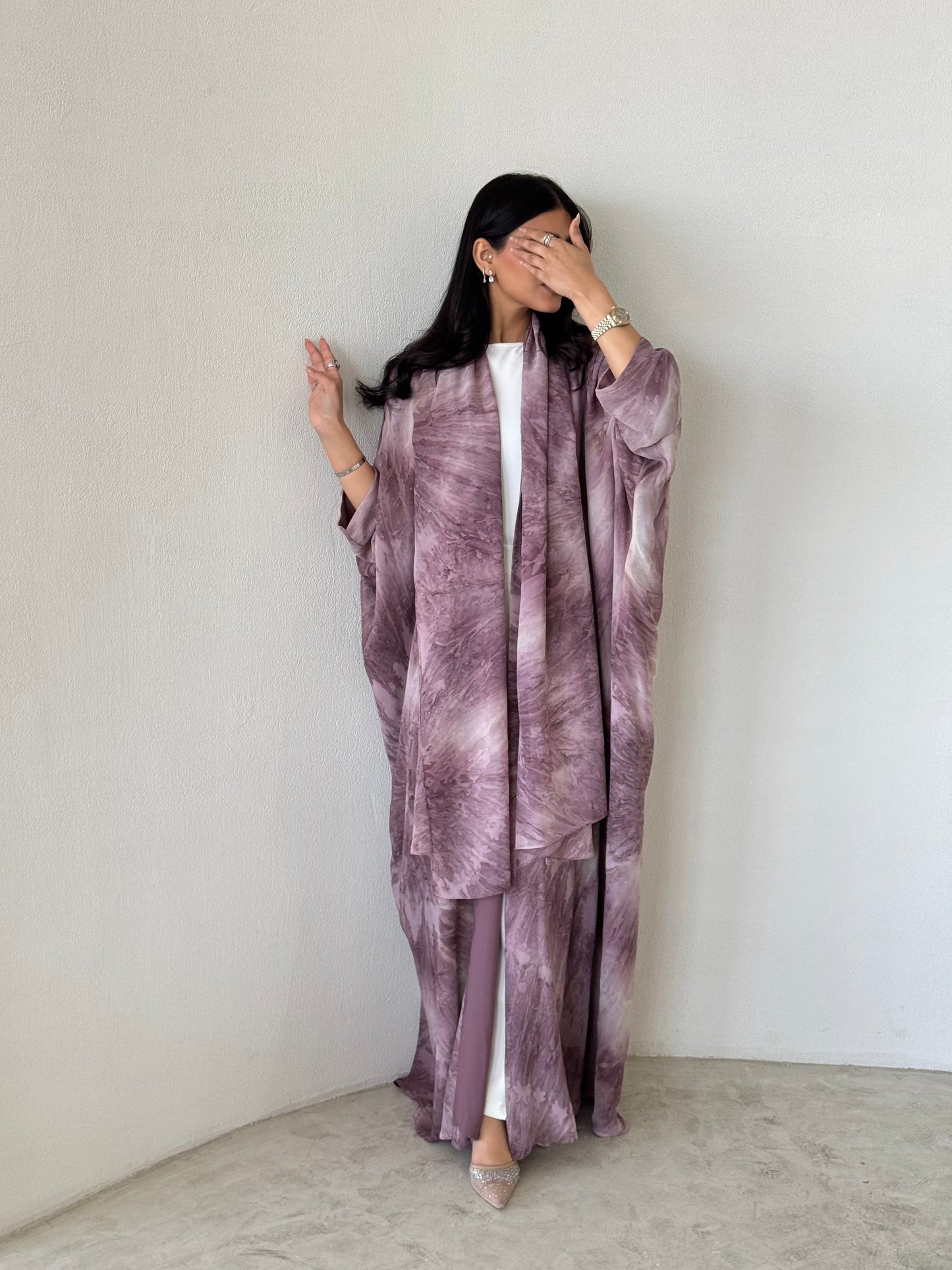 FAB174- Pink Shimmer Chiffon Bisht- Cut Summer Abaya with matching headscarf