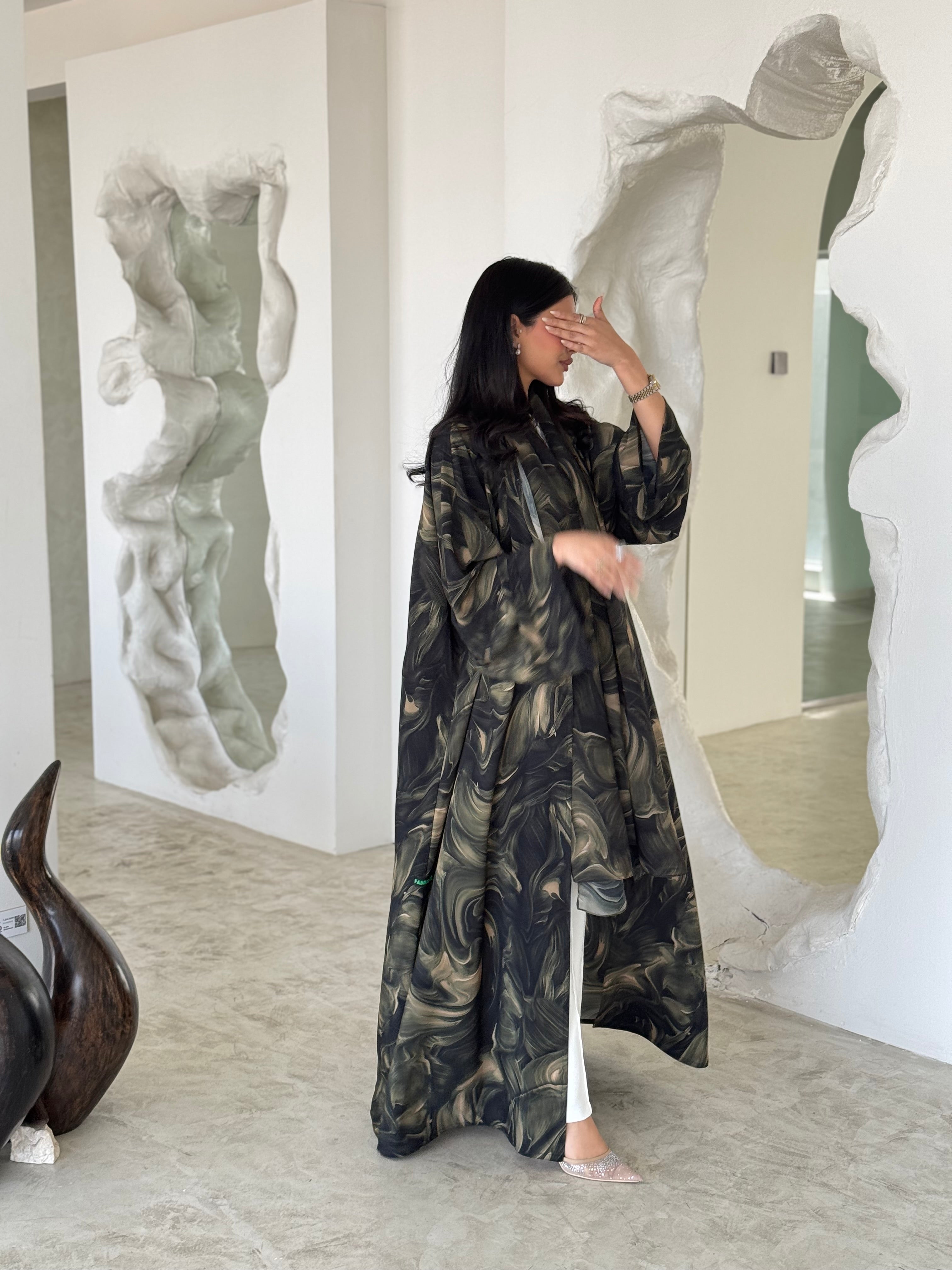 FAB172- Green Pattern Crepe Summer Abaya with matching headscarf