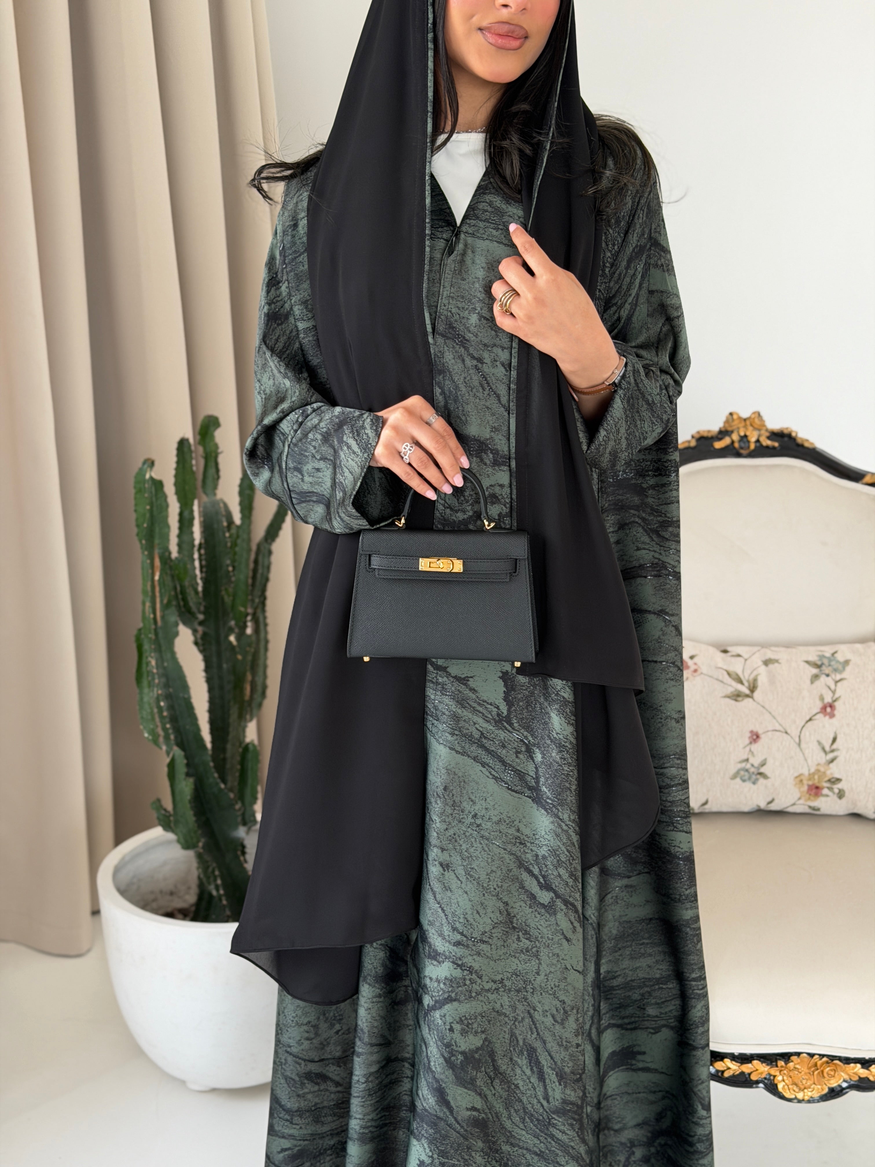 FAB288- Green Marble Print - Crepe A-Cut Abaya with pipping headscarf