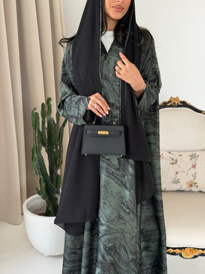 FAB288- Green Marble Print - Crepe A-Cut Abaya with pipping headscarf