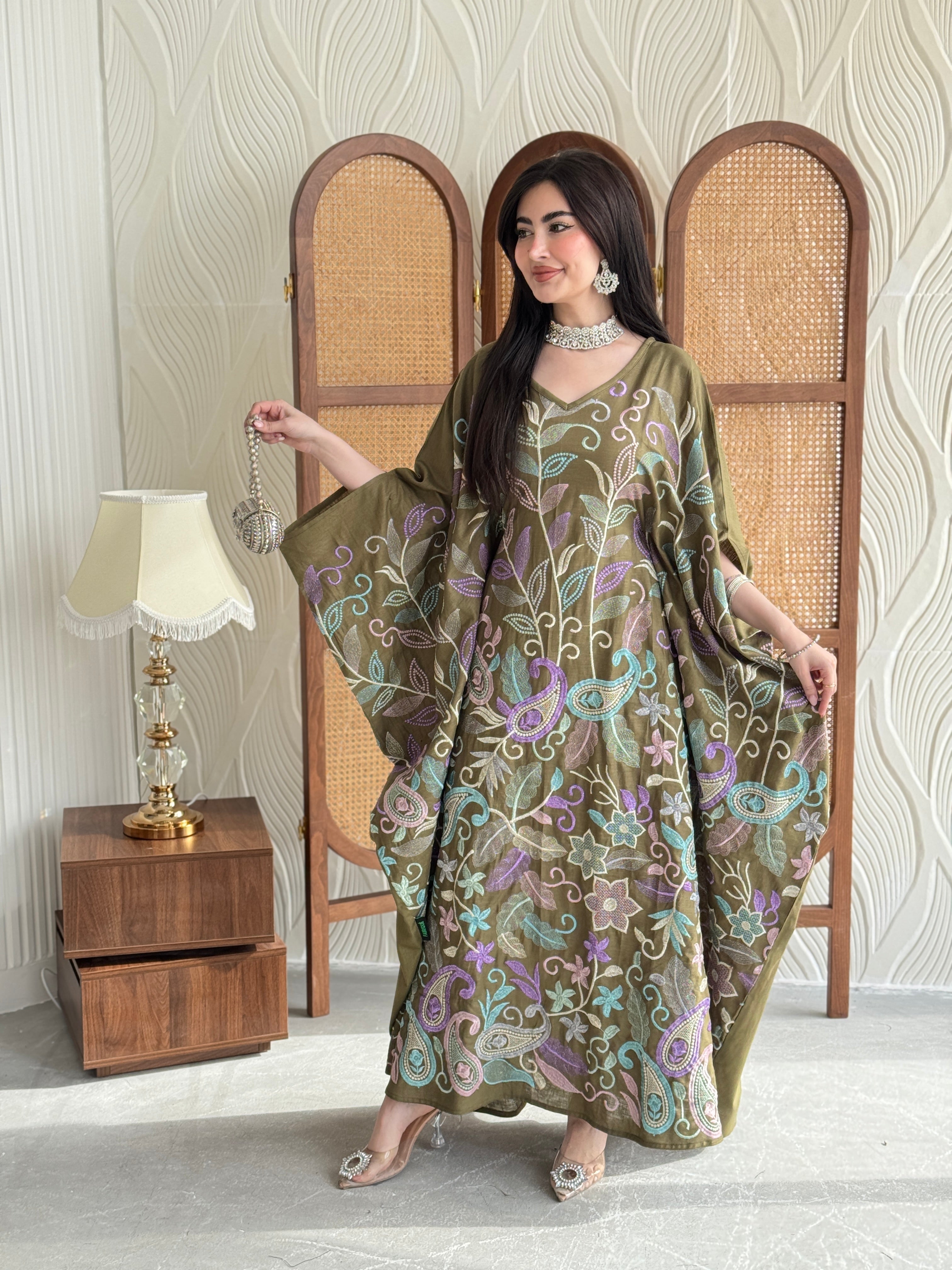 FAB264-Khaki Olive Linen free-size jalabiya with elegant multicolor embroidery