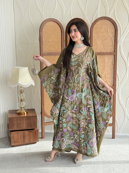 FAB264-Khaki Olive Linen free-size jalabiya with elegant multicolor embroidery