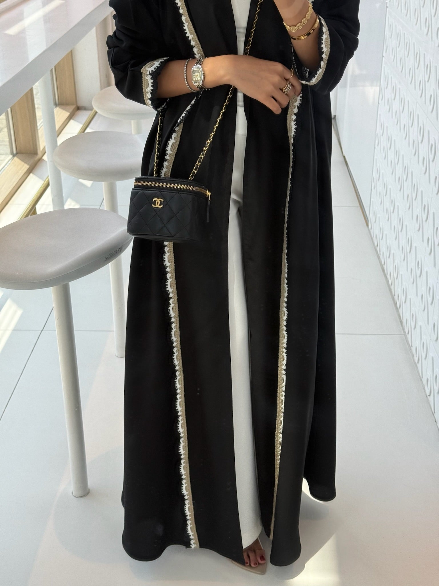 FAB326- Beige Black Crochet Crepe A-Cut Abaya with matching headscarf