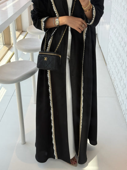 FAB326- Beige Black Crochet Crepe A-Cut Abaya with matching headscarf