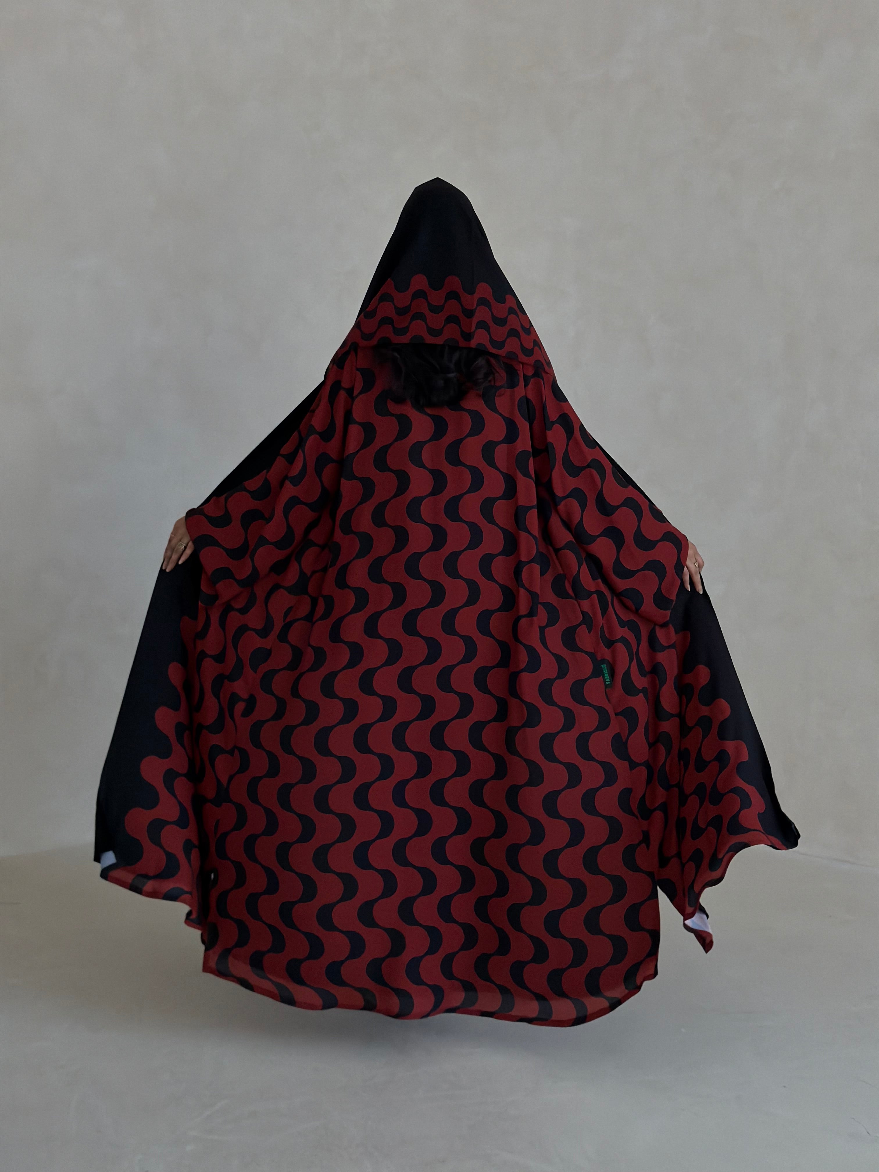 FAB345- Orange Red and Black Waves Printed Straight-Cut Abaya and matching headscarf