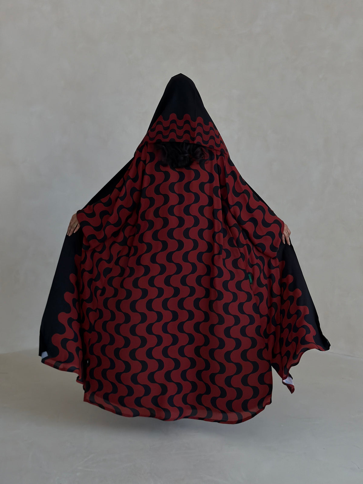 FAB345- Orange Red and Black Waves Printed Straight-Cut Abaya and matching headscarf